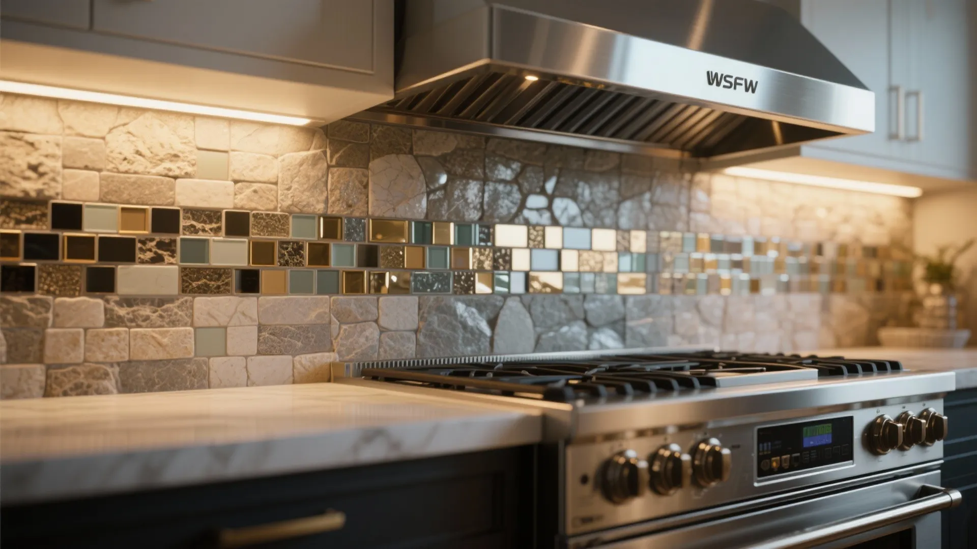 Close up of stone and mosaic wall tiles behind a stainless steel stove in kitchen