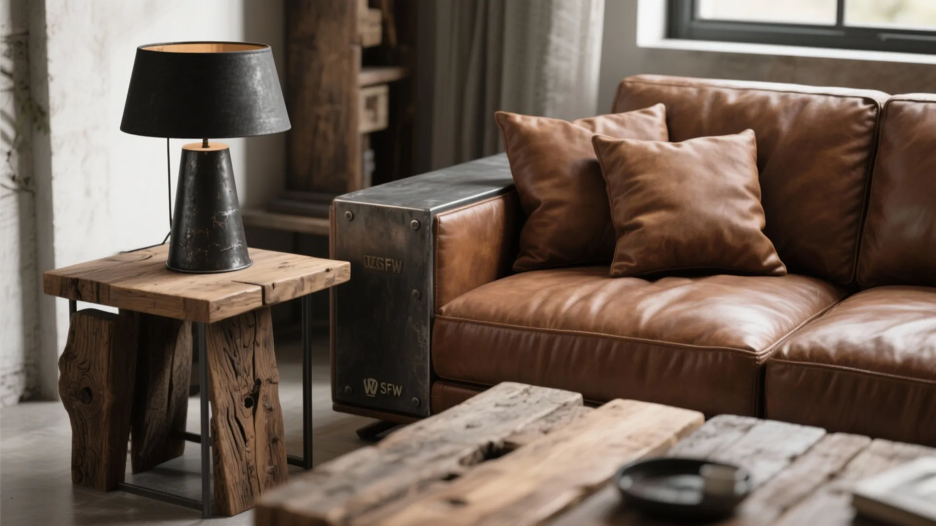 Detail of brown sectional with reclaimed wood table and black metal lamp showing varied textures