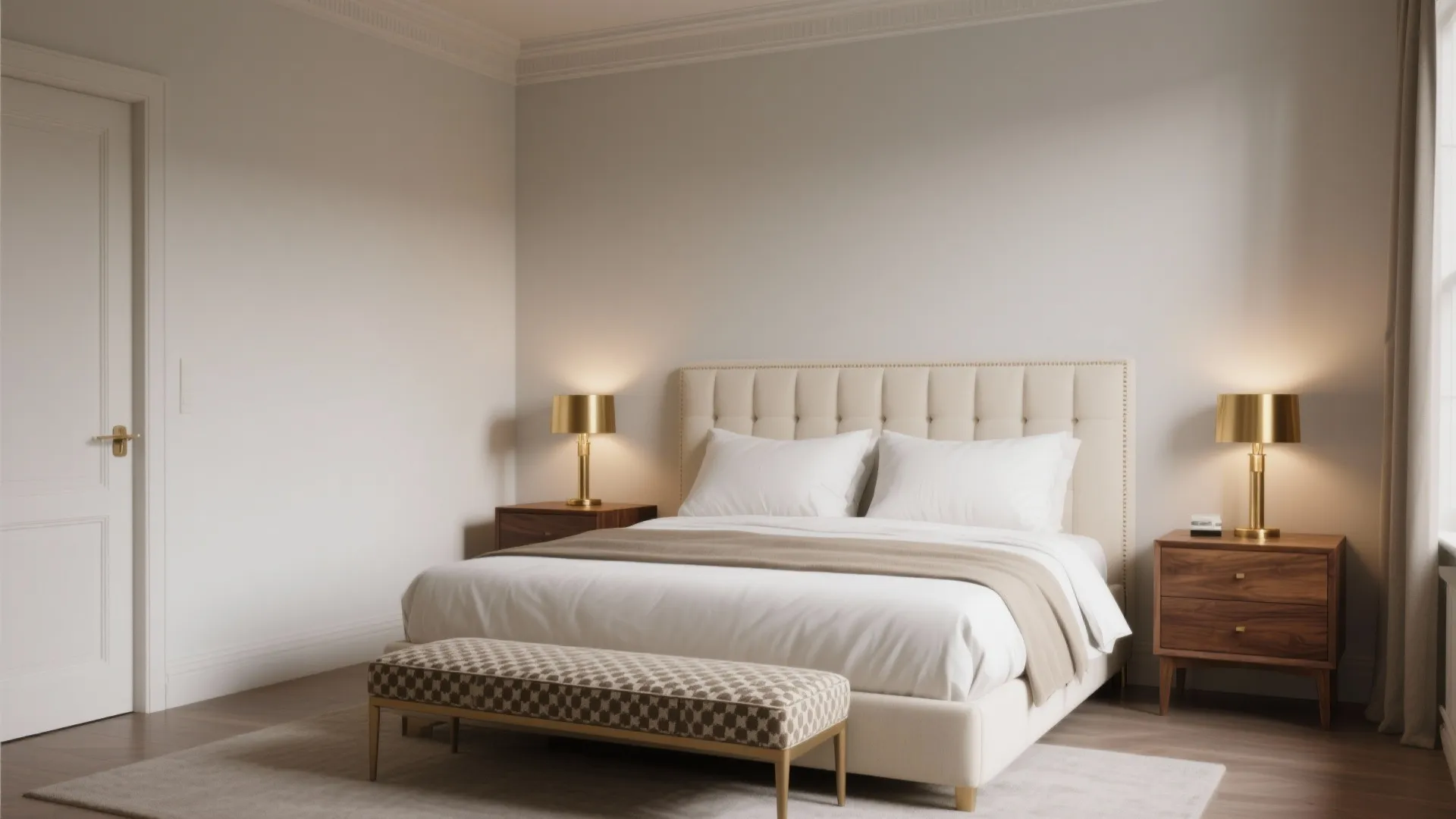 Neutral bedroom with patterned footrest wooden side tables gold lamps and a clean white door