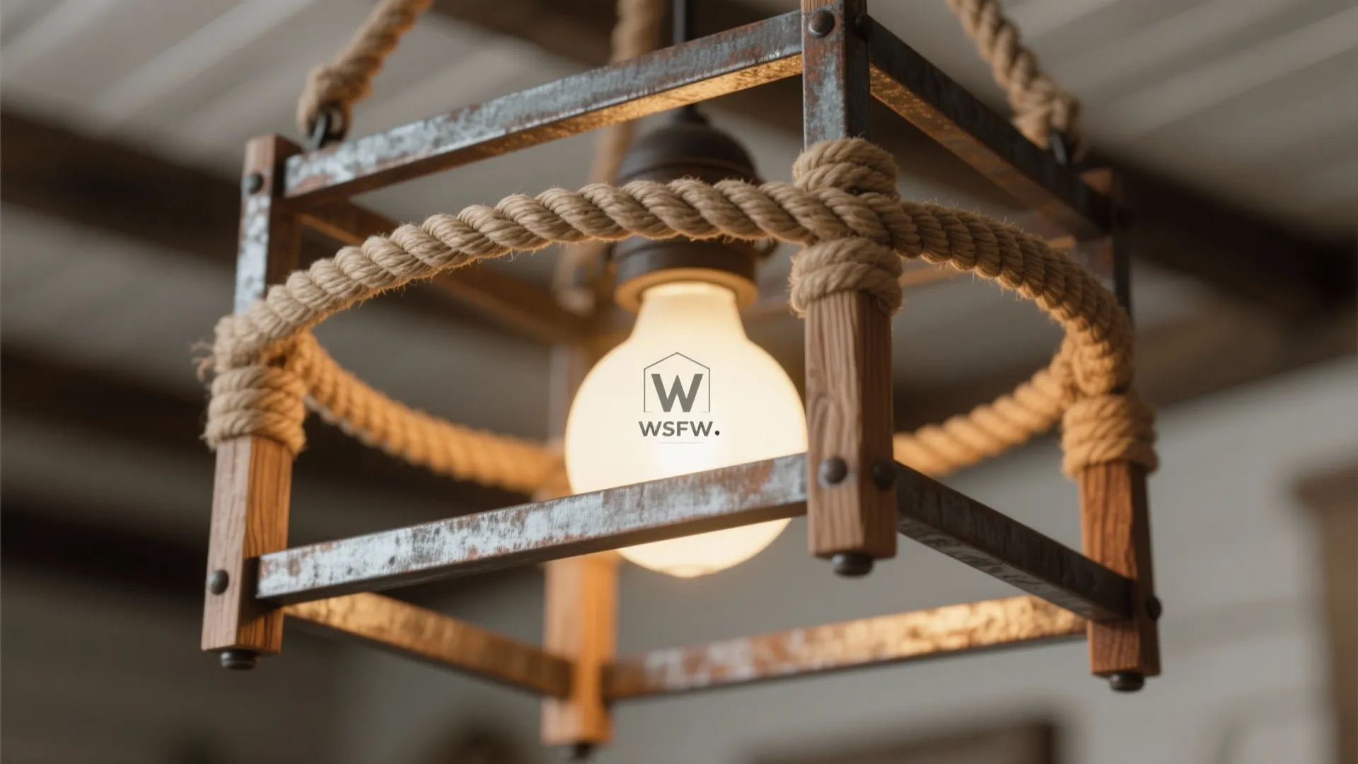 Close-up of a mixed-material light fixture with wood, metal, and woven textures showing tactile detail.