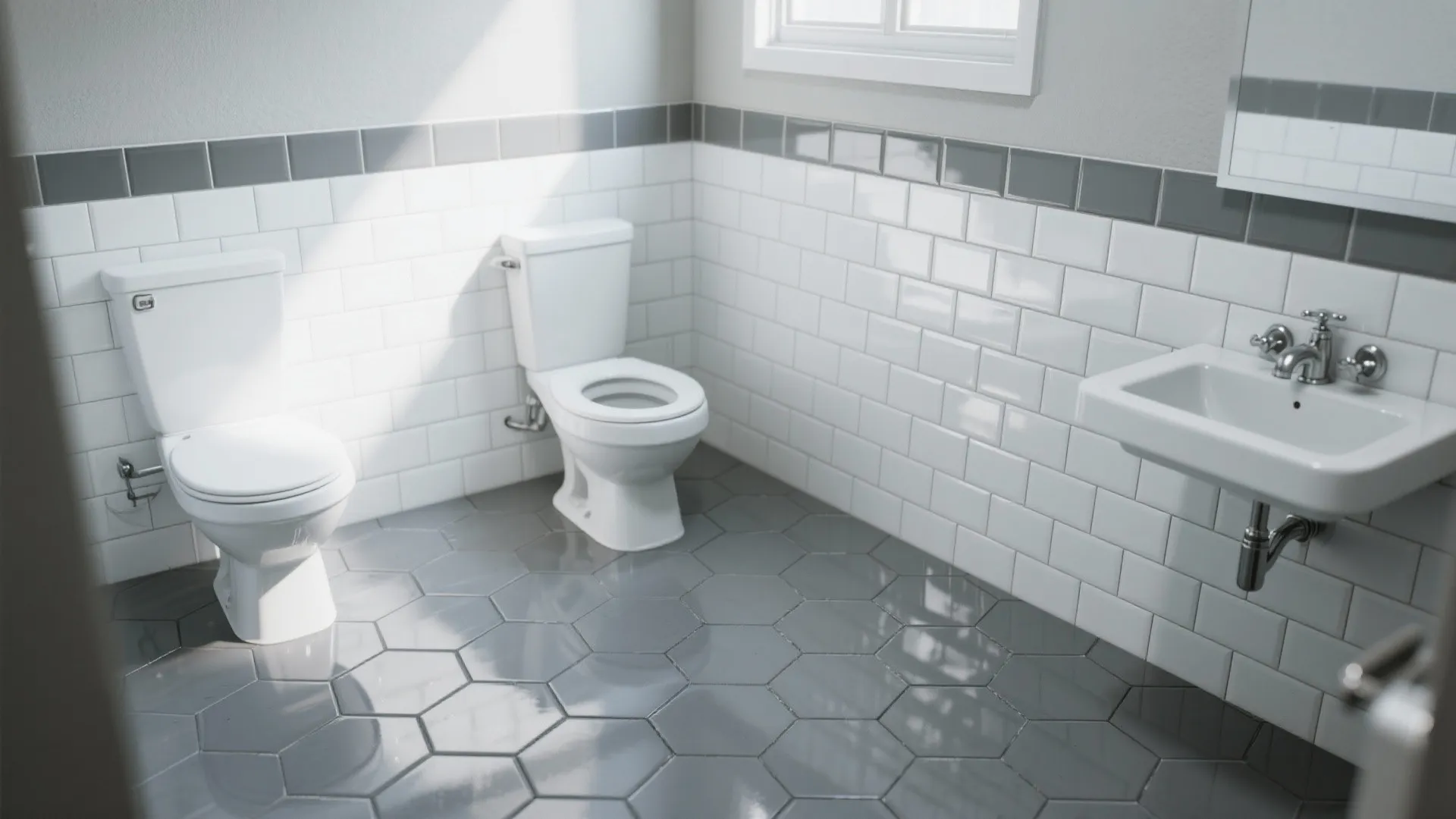 3. Mixed Materials: Hex Floor with Subway Wall Tiles