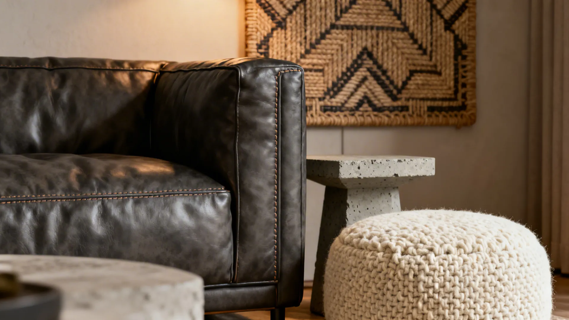 Cozy corner with a charcoal leather sofa, boucle pouf, concrete side table and woven wall art.