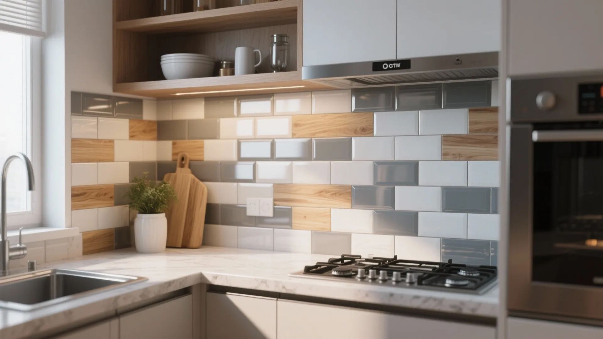 Modern kitchen with wood and grey tile wall design plus white marble counter and stove
