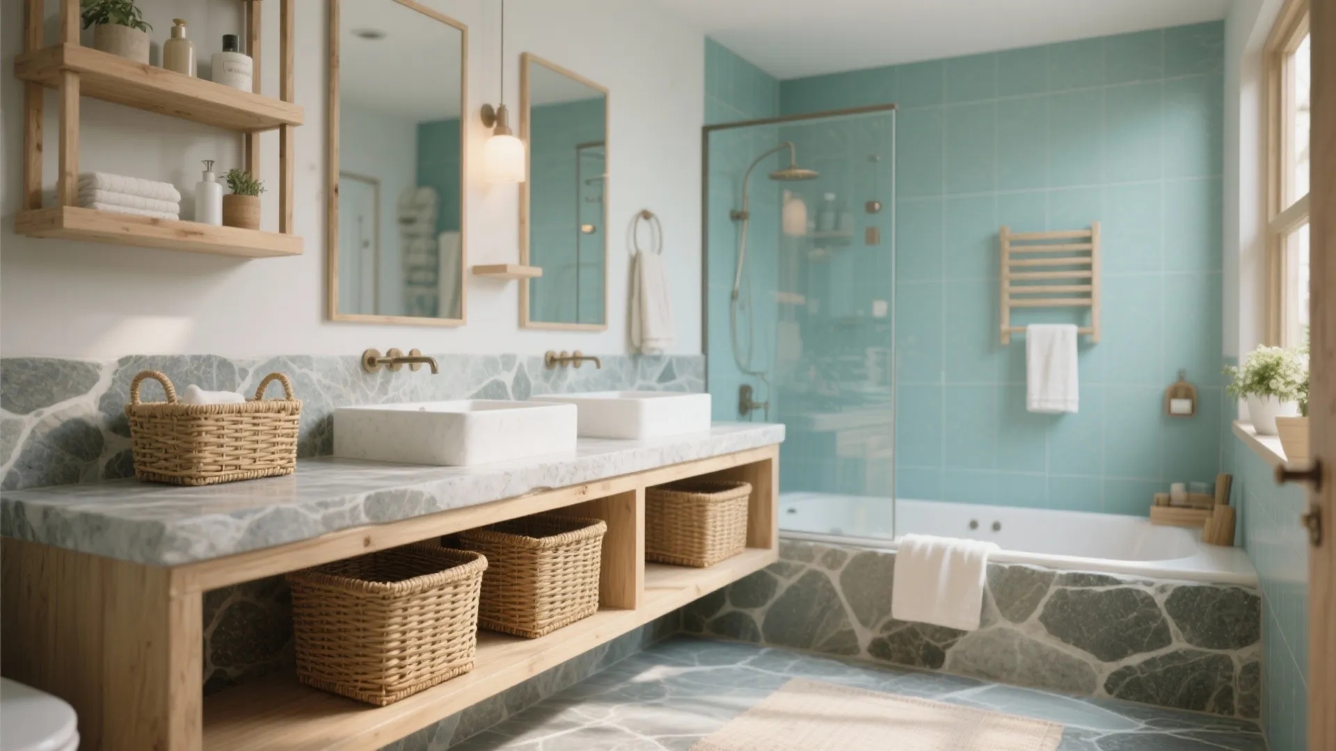 Modern bathroom with double white sinks stone counter wood shelves blue wall tiles and glass shower