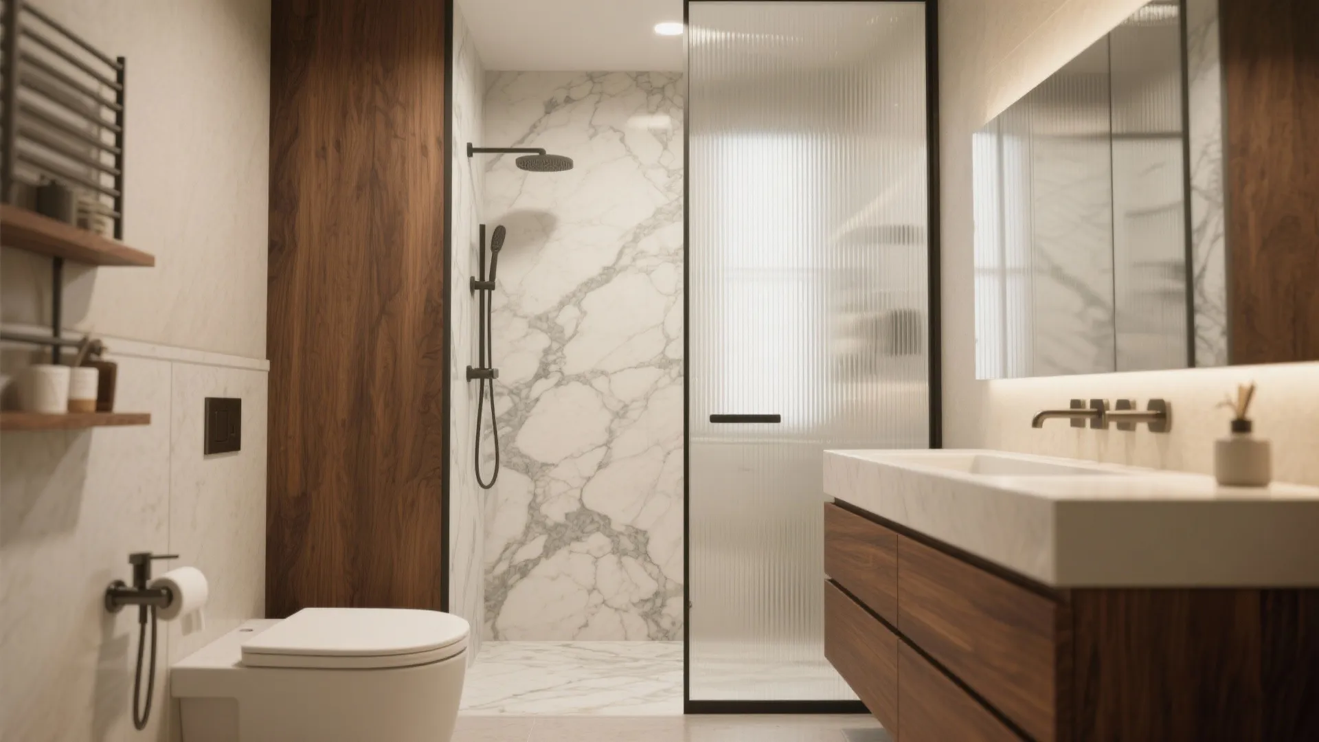 Compact bathroom featuring a marble shower wall, reeded glass divider, and walnut vanity under soft daylight.