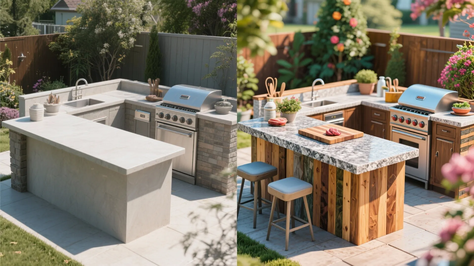 Before and after outdoor kitchen with mixed granite and butcher block countertops