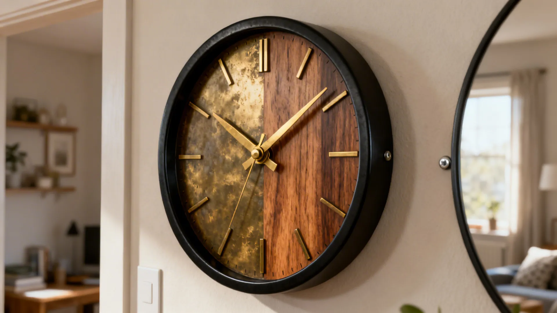 Black framed clock with brass hands and wood inset providing warm mixed-material detail.