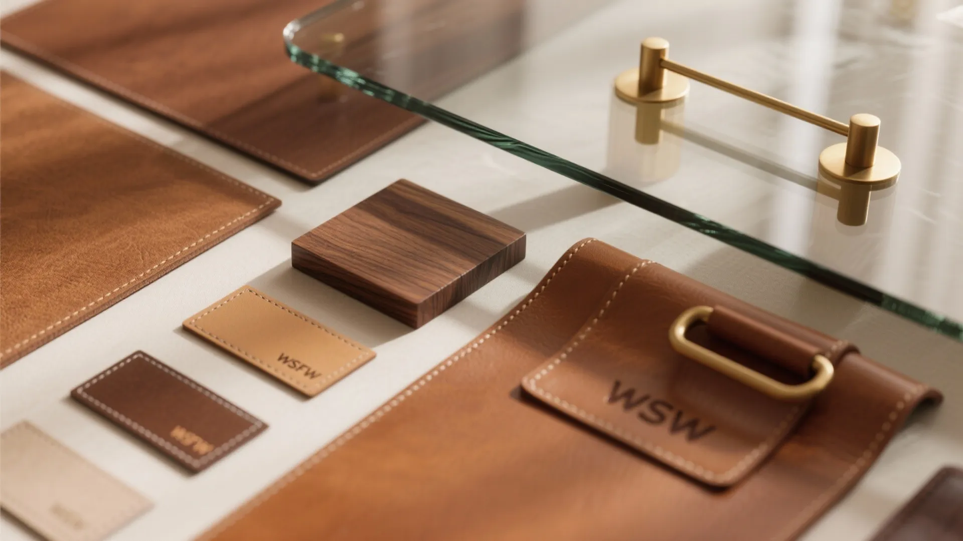 Leather, wood, brass, and glass arranged in warm tone flat lay