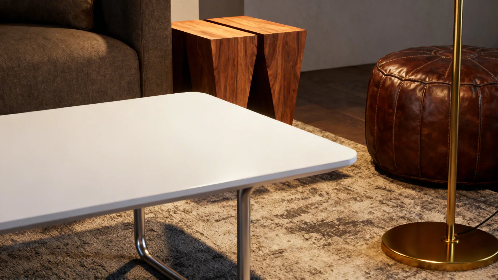 White coffee table paired with metal legs, wood accents, leather pouf and a brass lamp for material contrast.