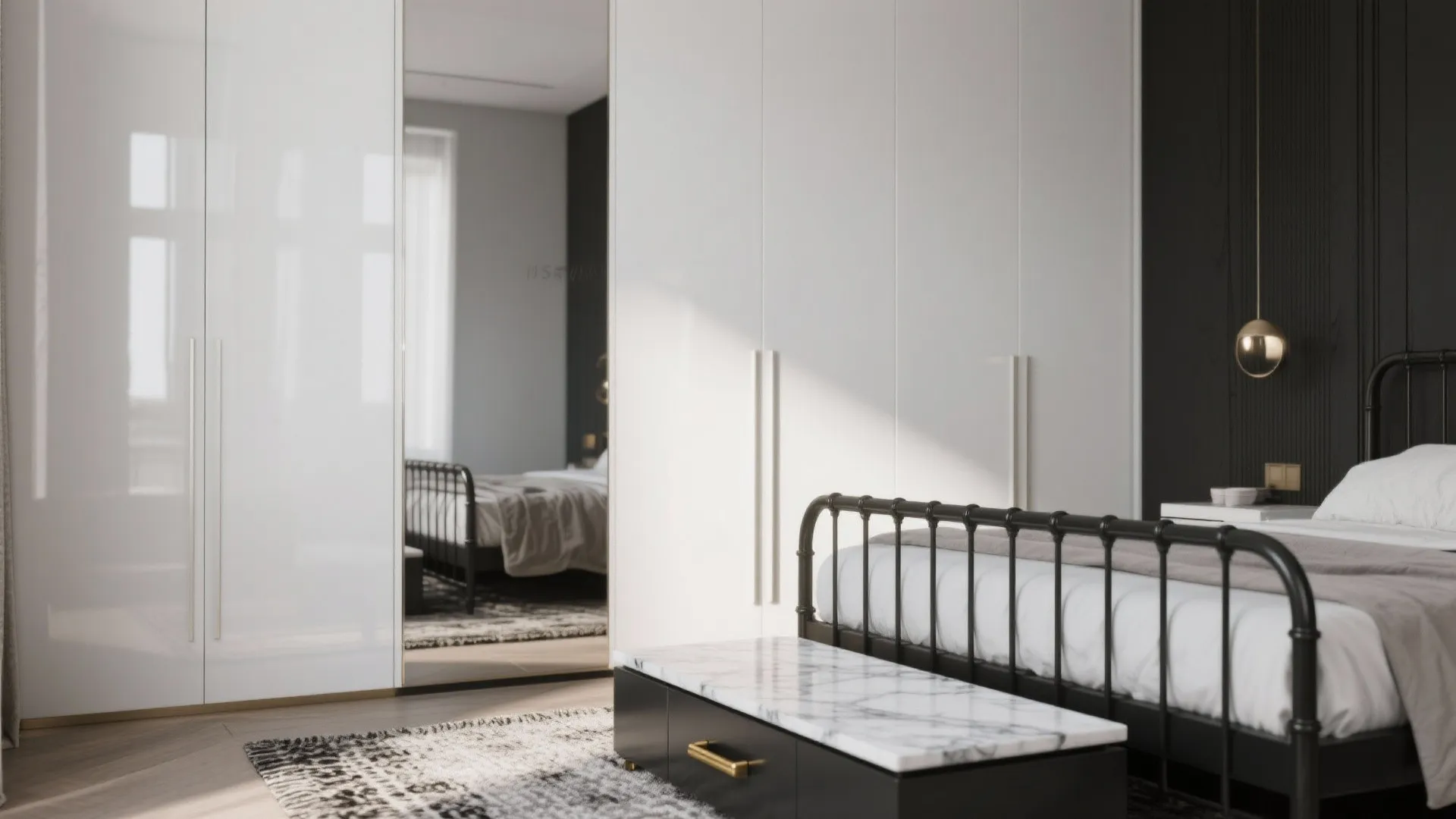 Minimalist bedroom with white wardrobe mirror reflection black metal bed and marble top black storage bench
