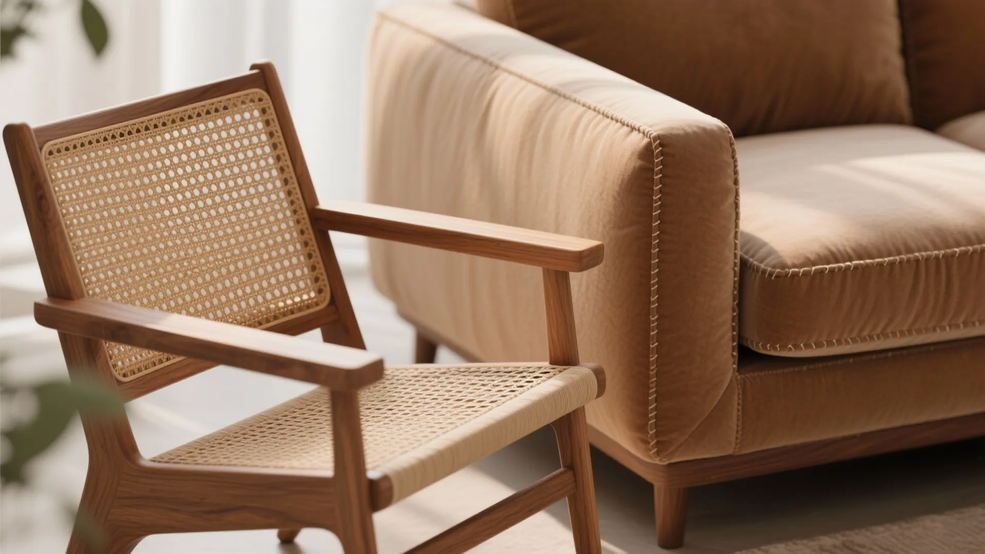 Detail of wood-framed rattan chair paired with a cushioned upholstered chair showing tactile contrast.