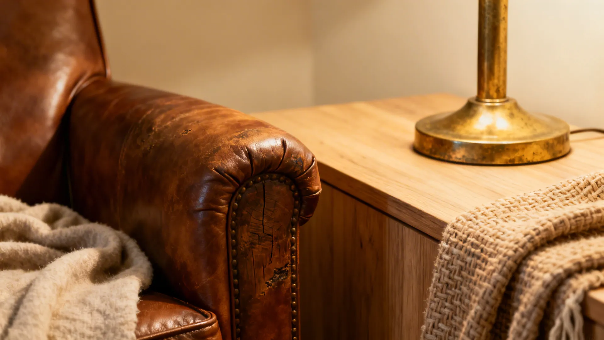 Close detail of leather, oak and brass with a soft textile to show mixed material contrast