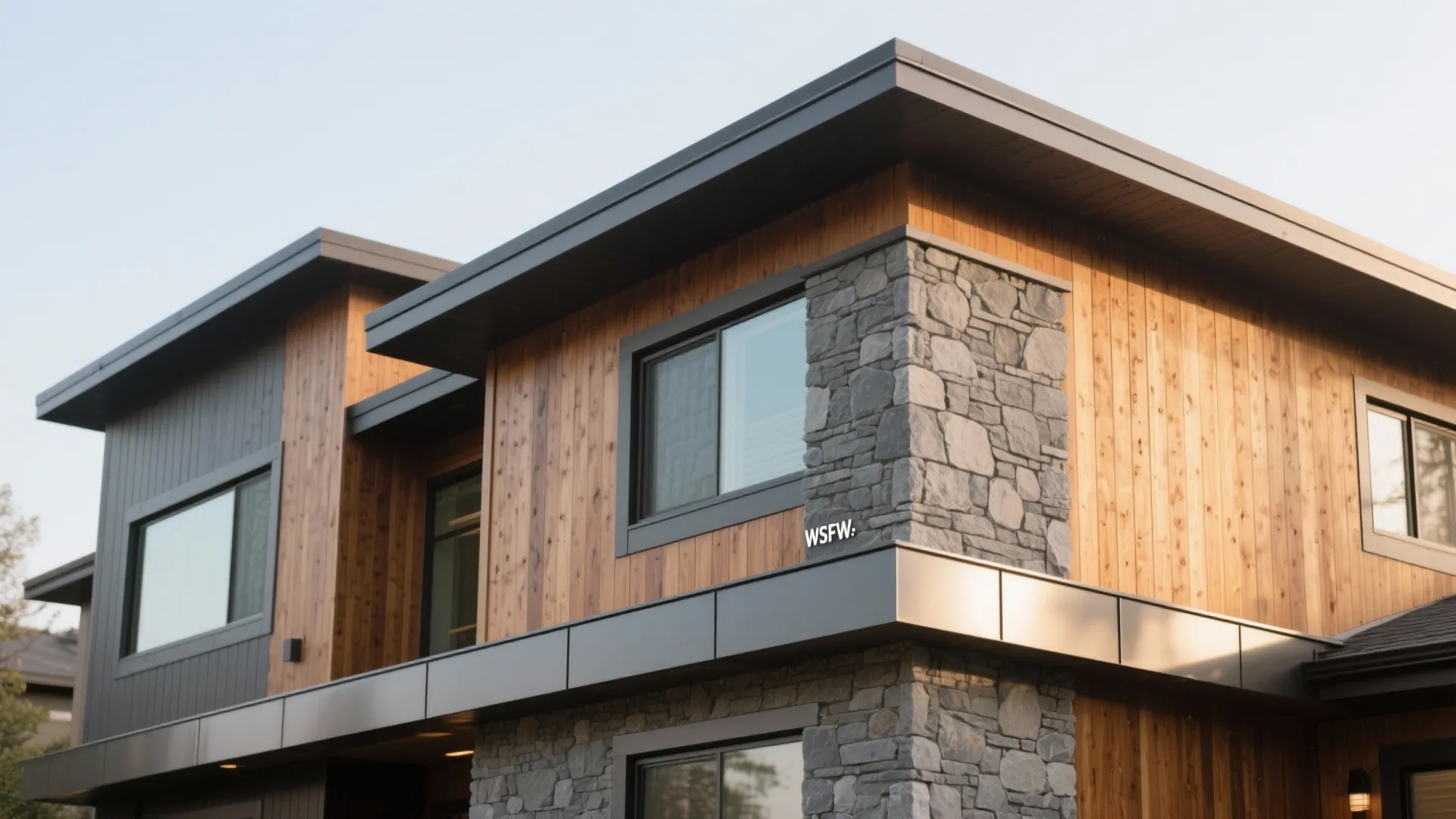 Cedar siding and stone veneer detail on tri-level home