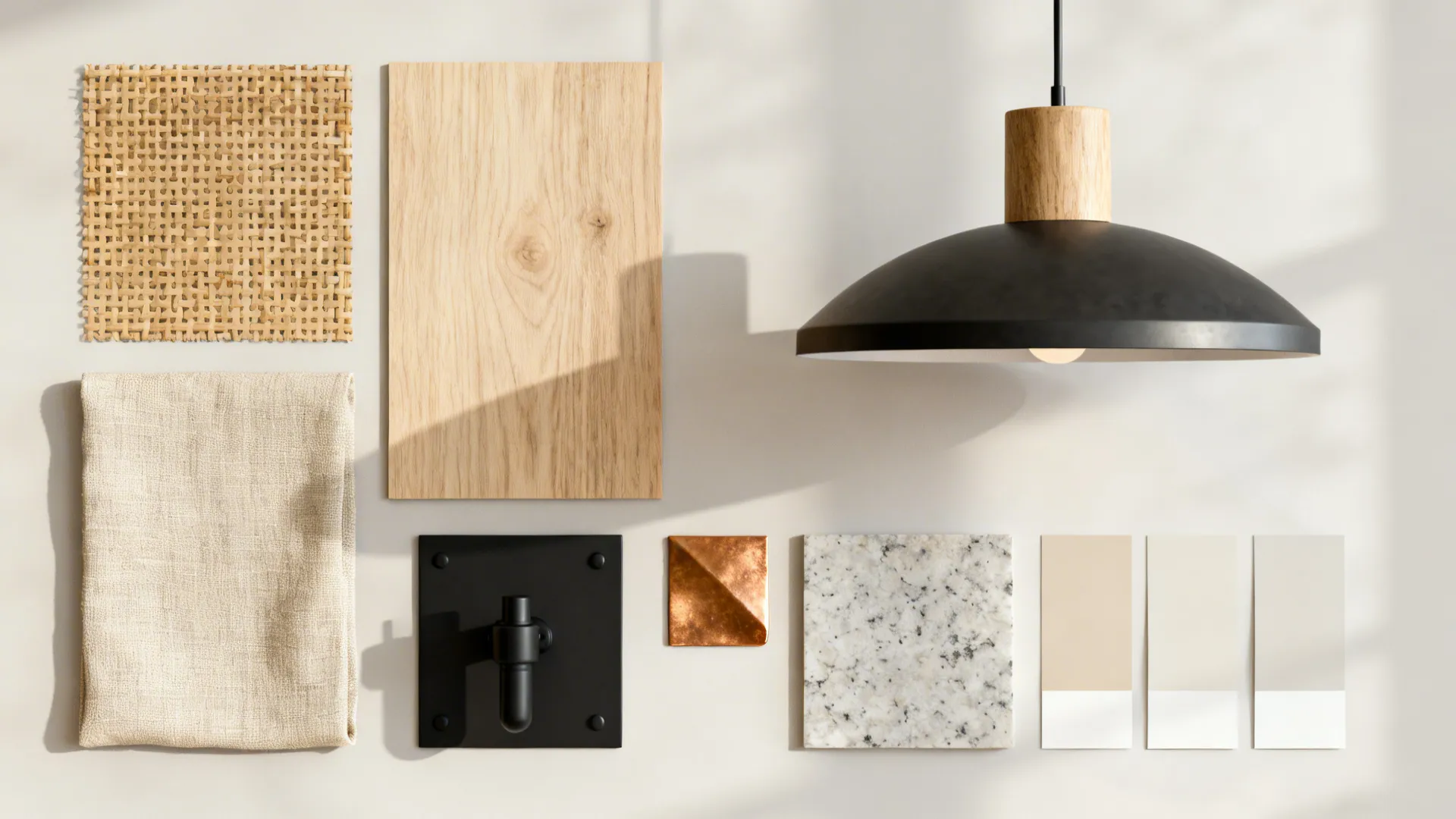 Interior design mood board with wood fabric stone tiles color swatches and black ceiling light