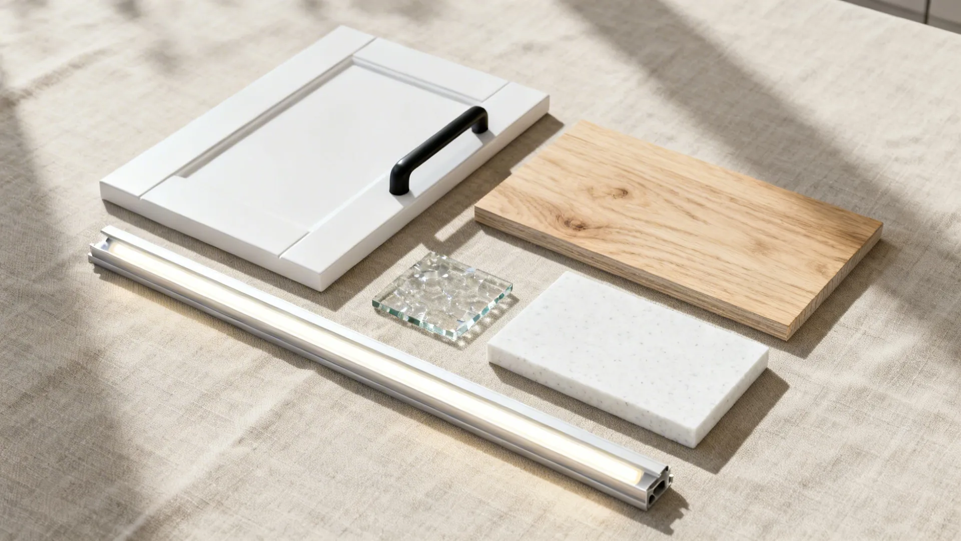 Flat lay of white laminate, oak veneer, matte black hardware, glass, and white quartz samples