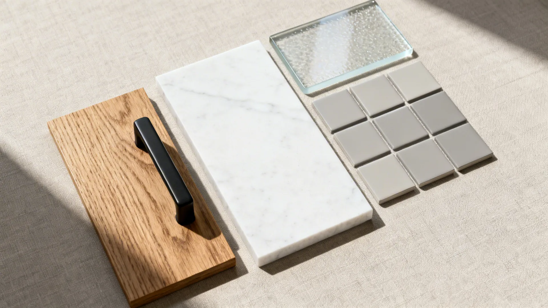 Flat lay of oak, matte black metal, satin quartz, and soft-sheen tile for a modern kitchen palette.