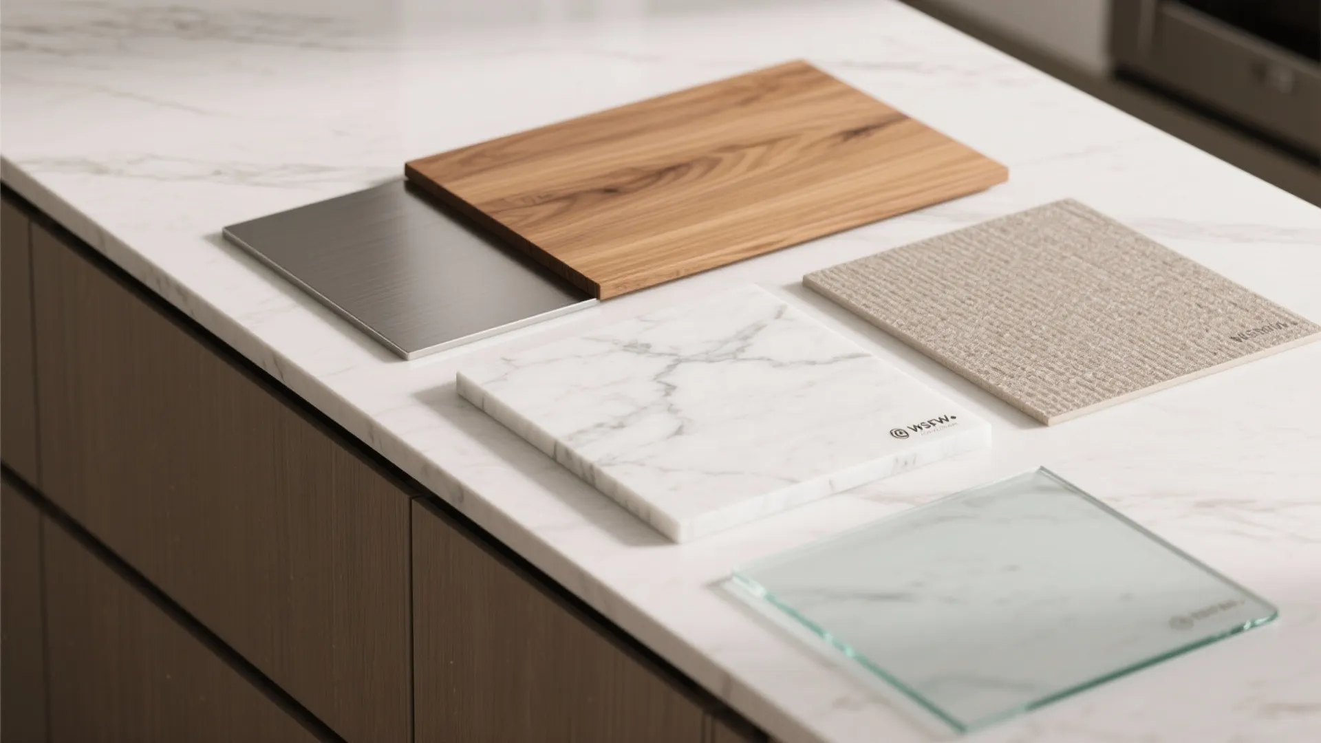 Interior design material samples including wood metal marble fabric and glass on a white surface