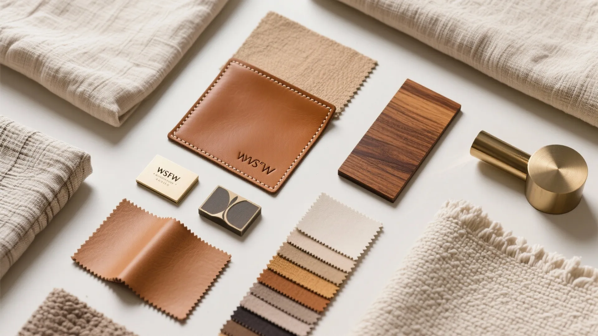 Interior design material board with leather swatches wood samples fabric pieces and a gold handle