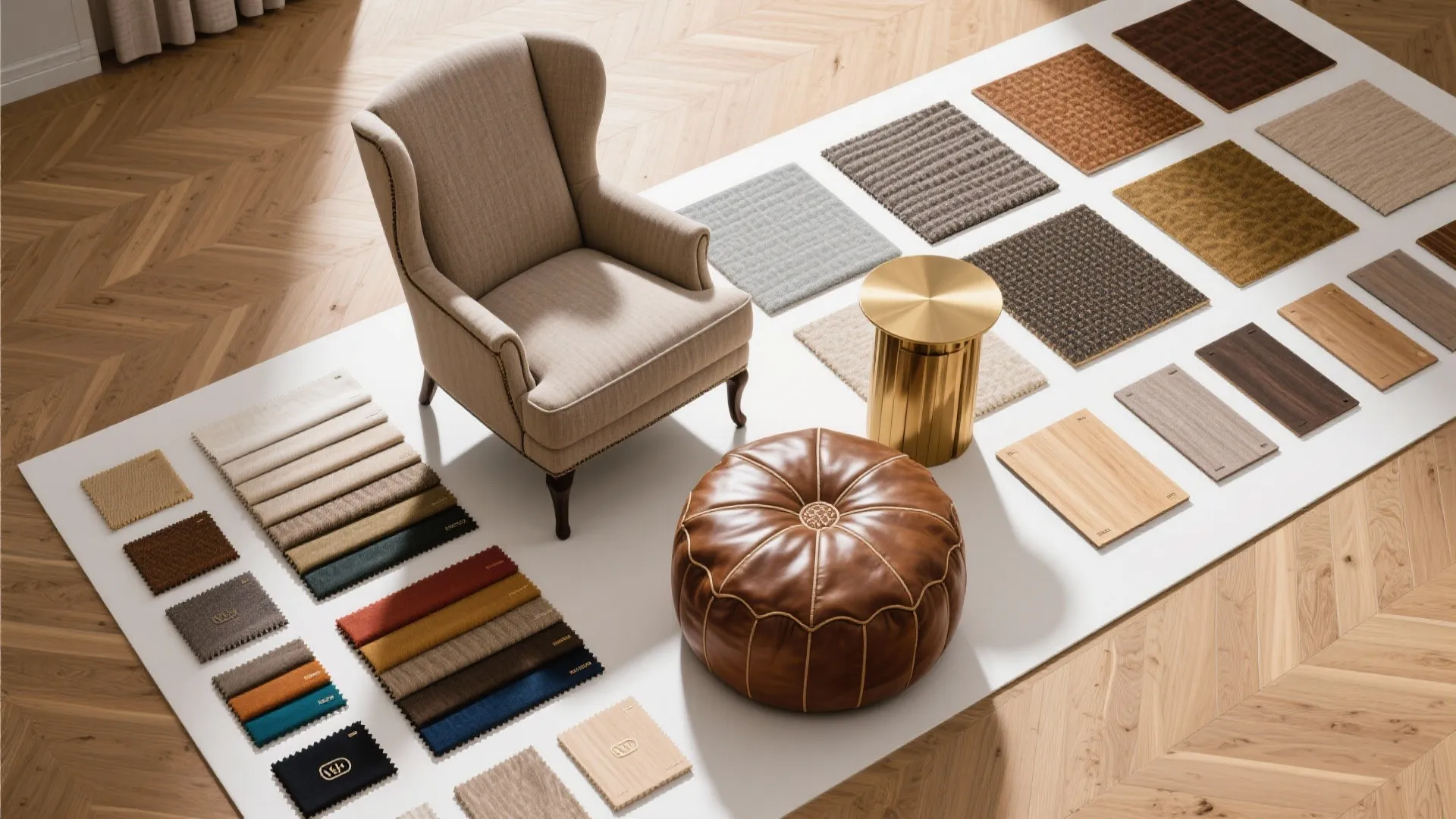 Flat lay of fabric, leather, brass, and wood samples for living room design