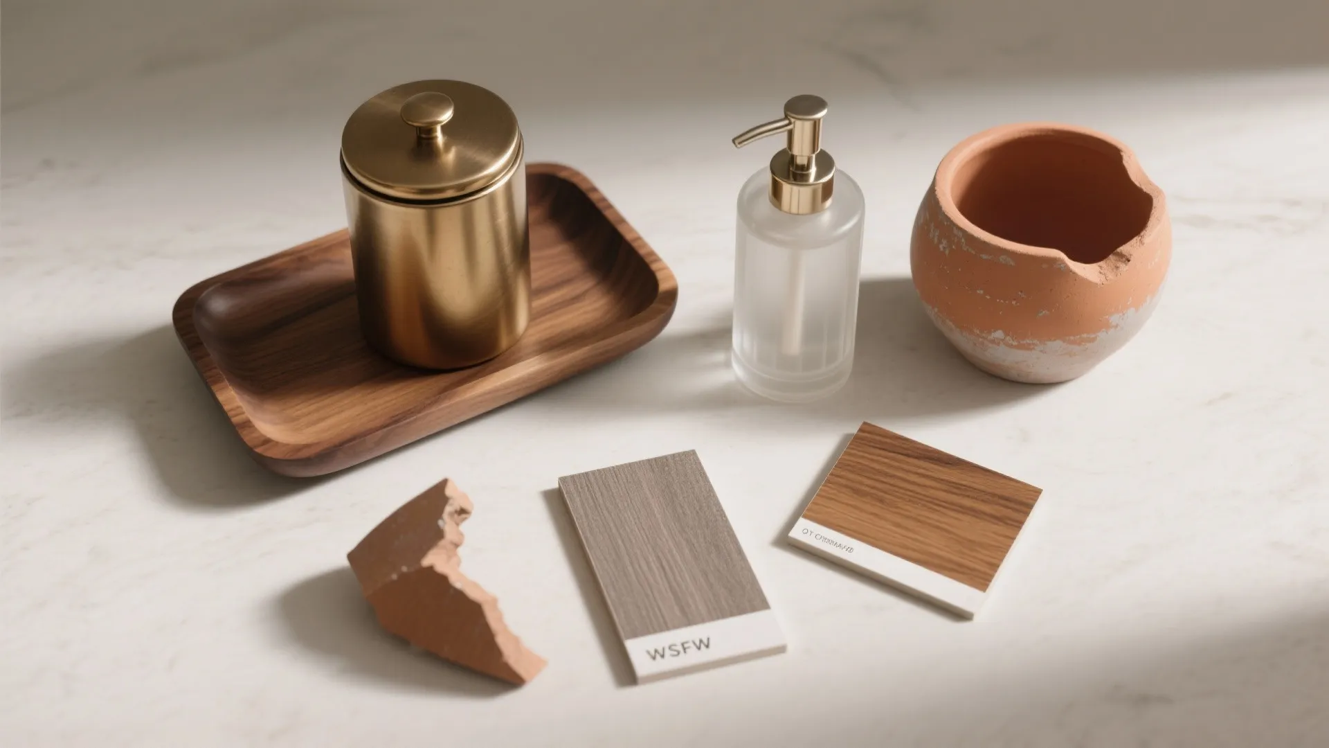 A brass container on wooden tray with soap dispenser and clay pot on white table