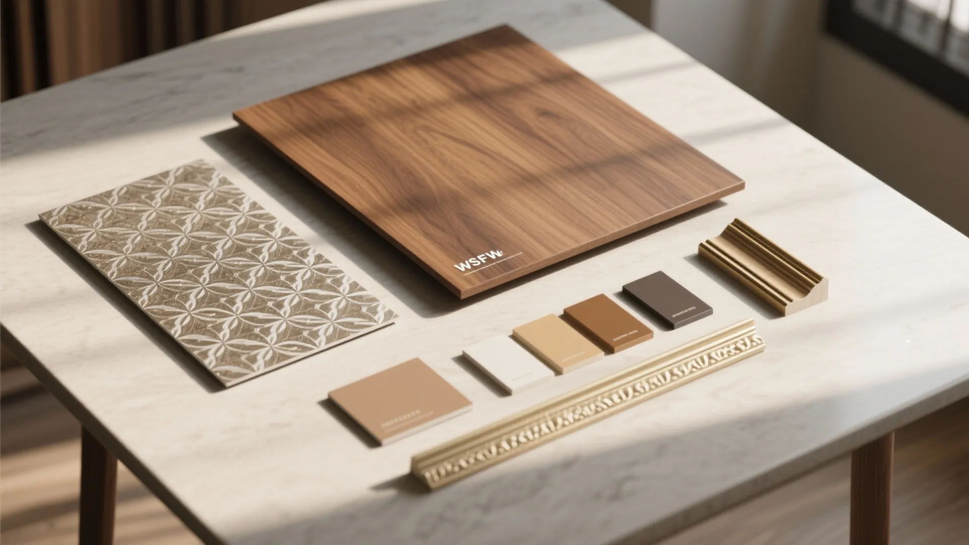 Interior design material board with wood tile color samples and gold wall panel trim pieces