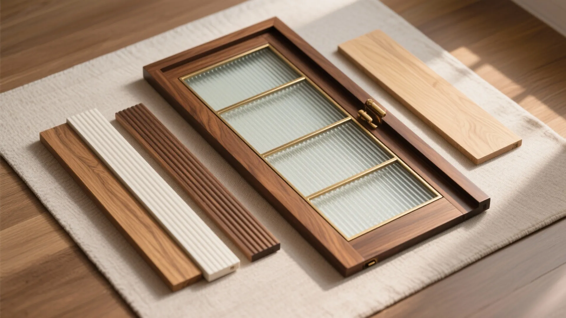 Mixed Materials: Wood, Fluted Glass, and Metal Inlays