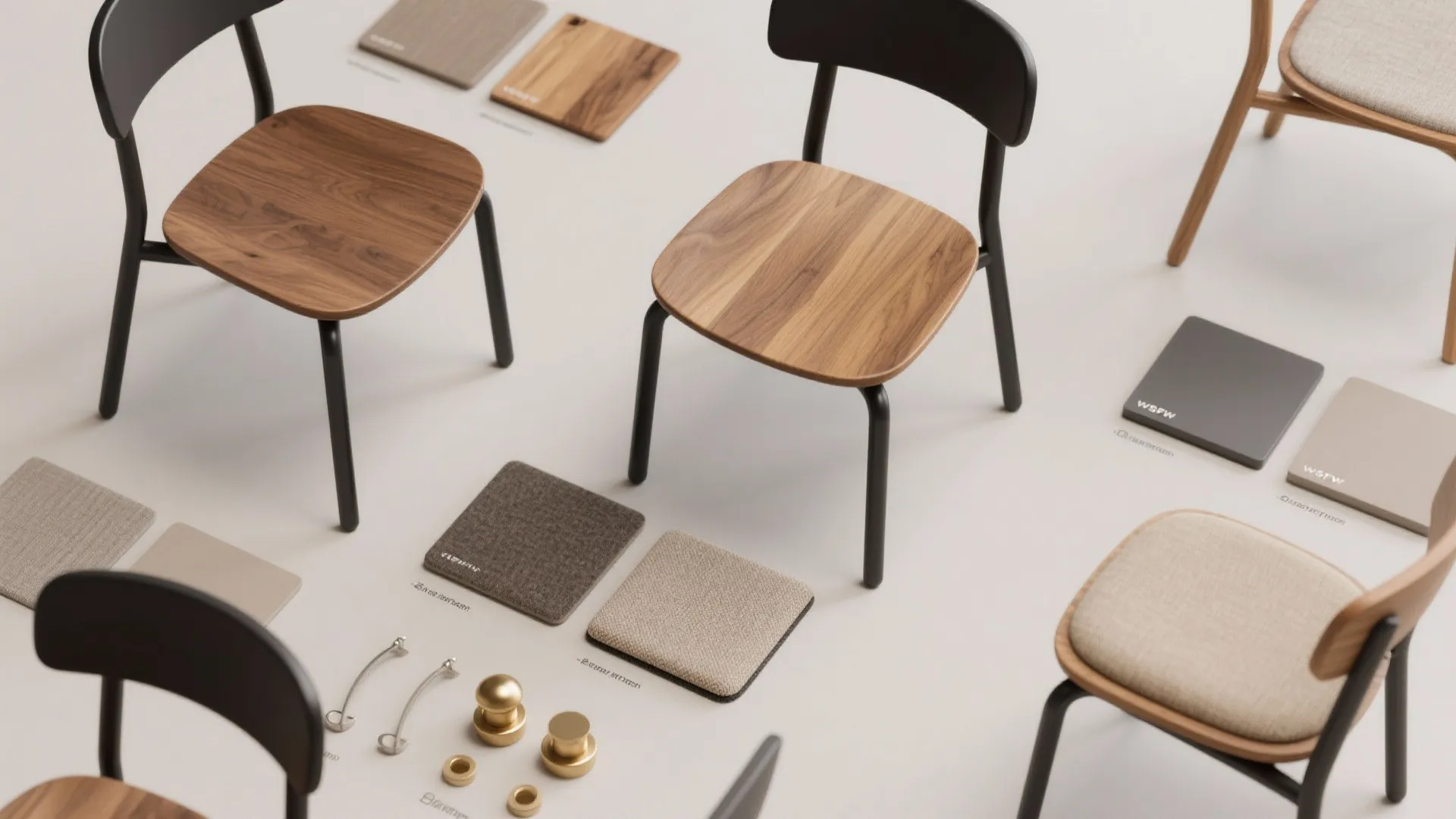 Selection of wooden chairs, fabric swatches, metal hardware, and wood samples on a white background