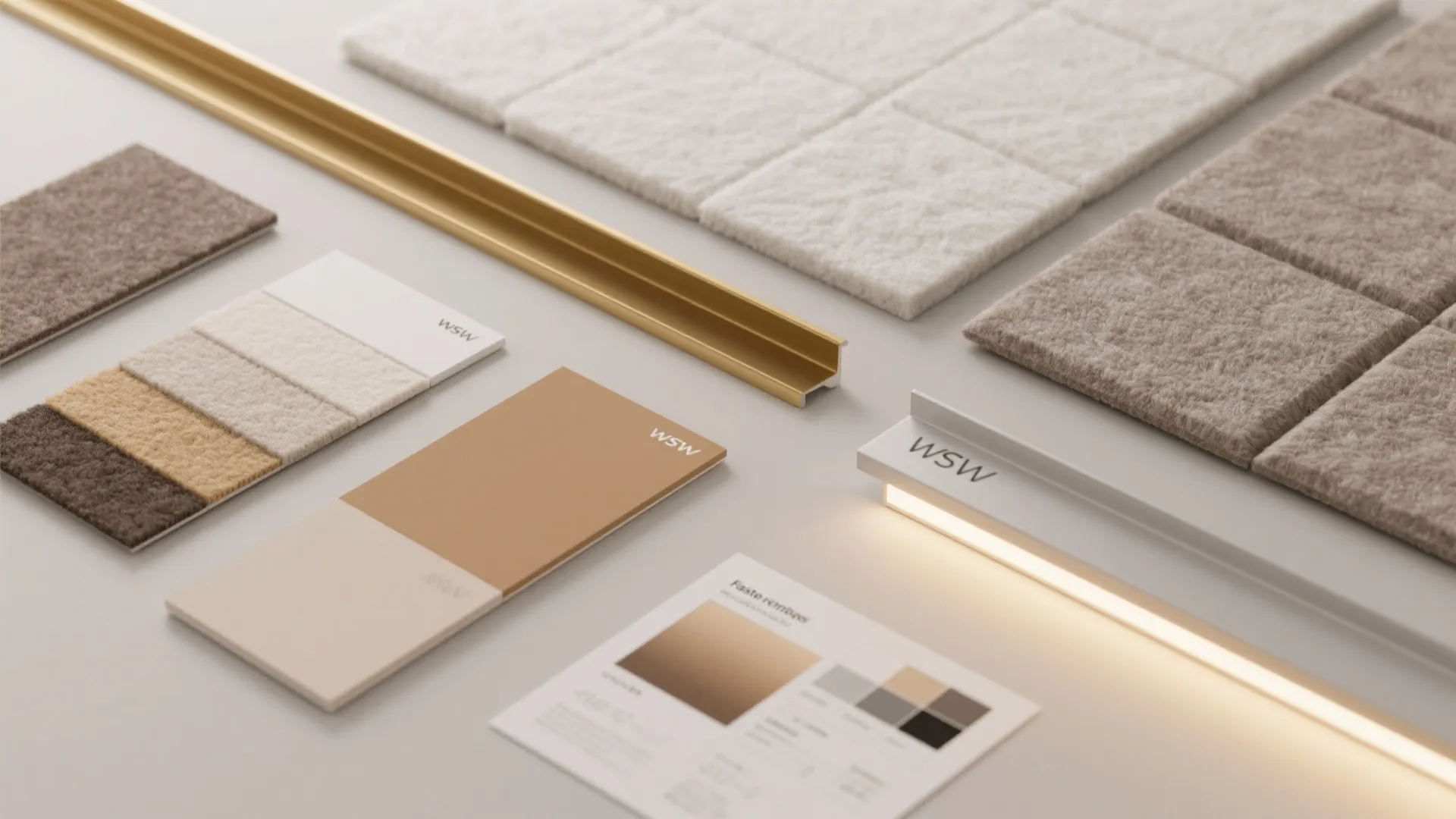 Flatlay of brass trims, acoustic felt swatches, warm neutral paint chips, and LED samples.