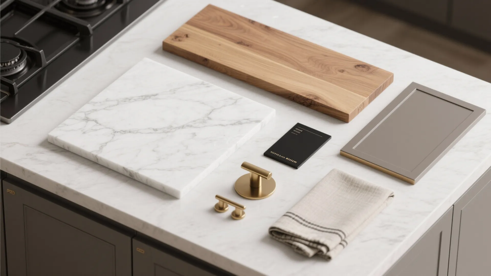 Flatlay of quartz, wood, grey paint and hardware samples for a kitchen design.