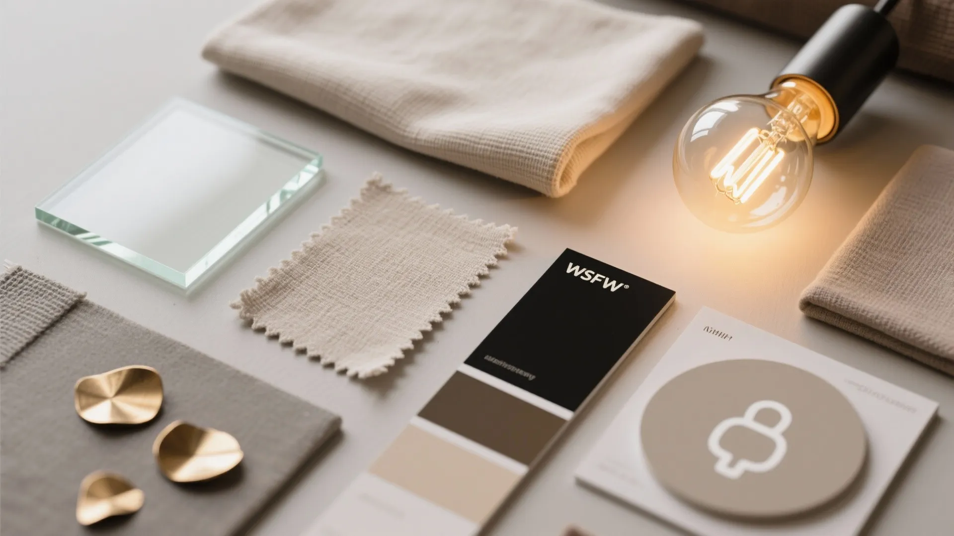 Flatlay showing frosted glass, linen fabric, matte black and brass samples for bedroom wall lights.
