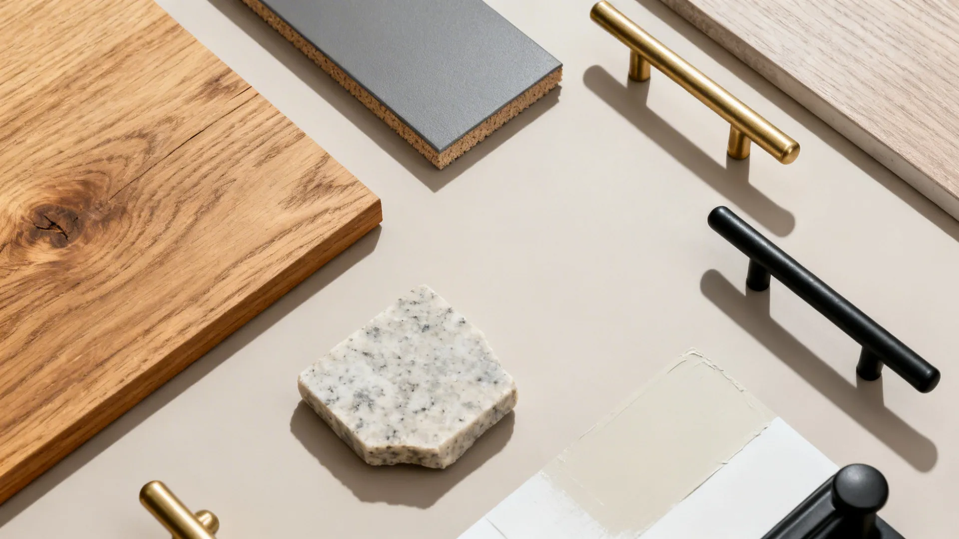 Flat lay of oak, matte gray cabinet finish, quartz remnant, and metal pulls in brass and black.