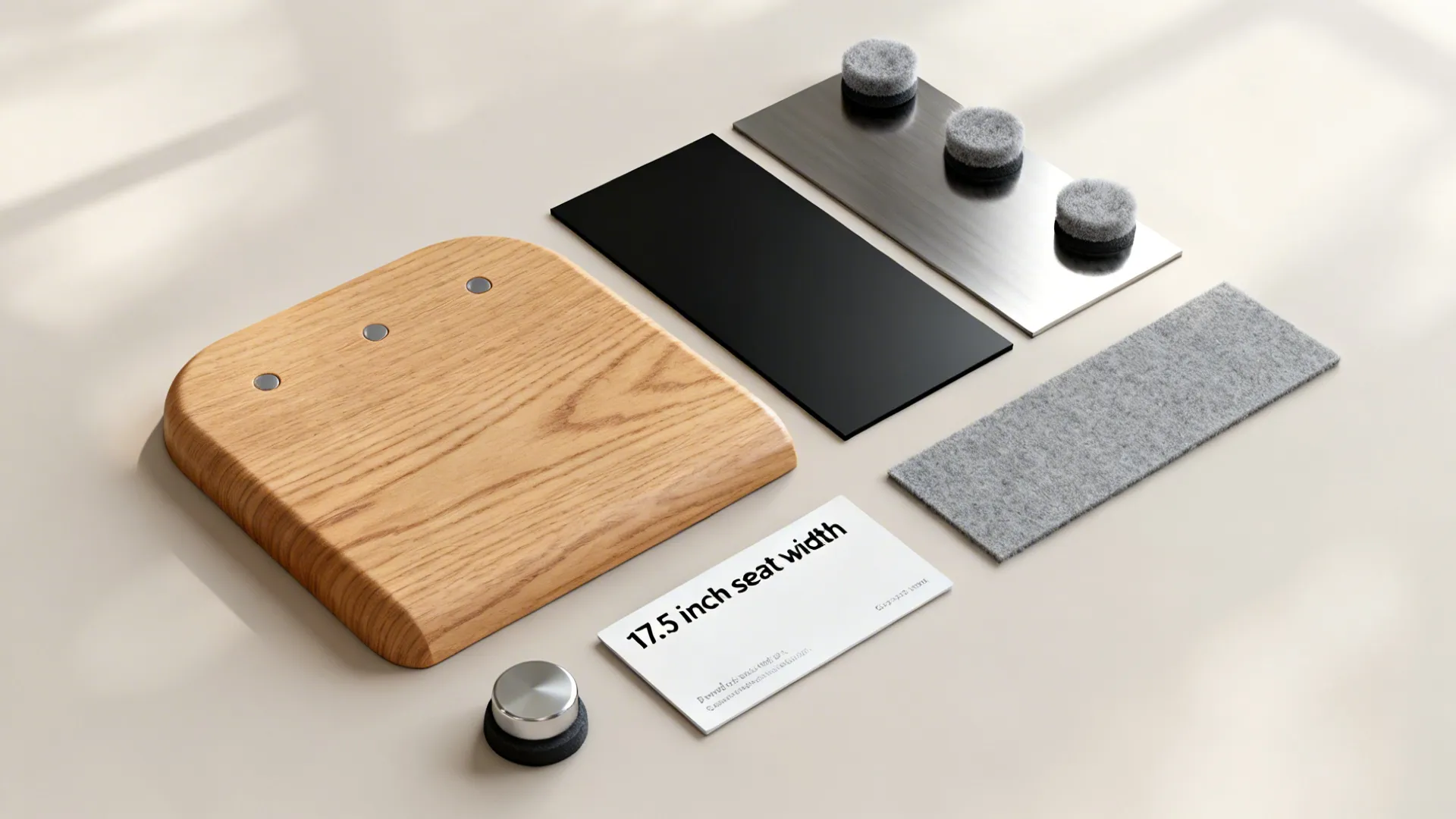 Flatlay showing wood panel metal samples and grey fabric for a custom chair design project
