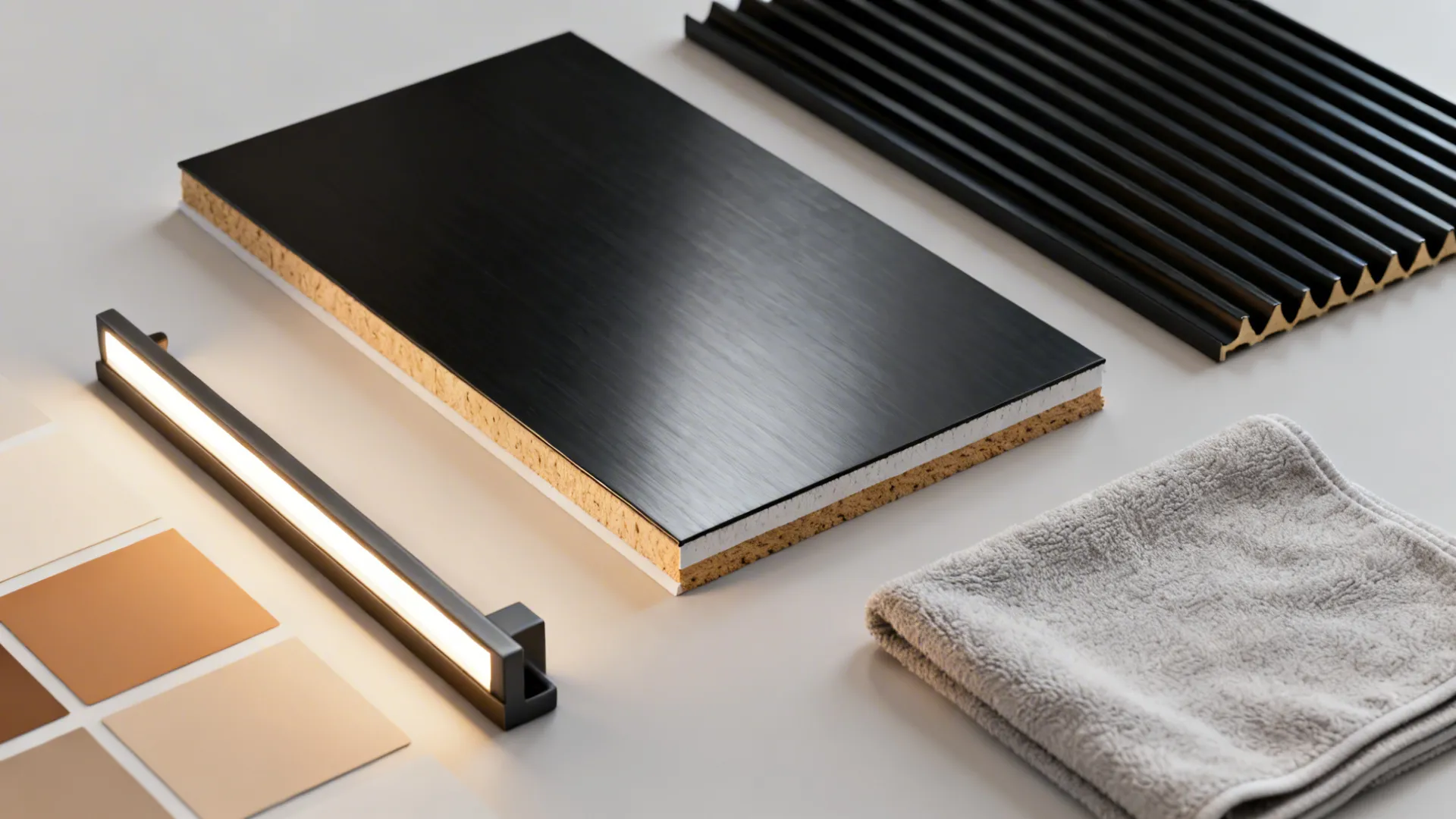 Flat lay of matte black metal, fluted MDF, sealed edges, paint swatches, and slim LED sconce parts.