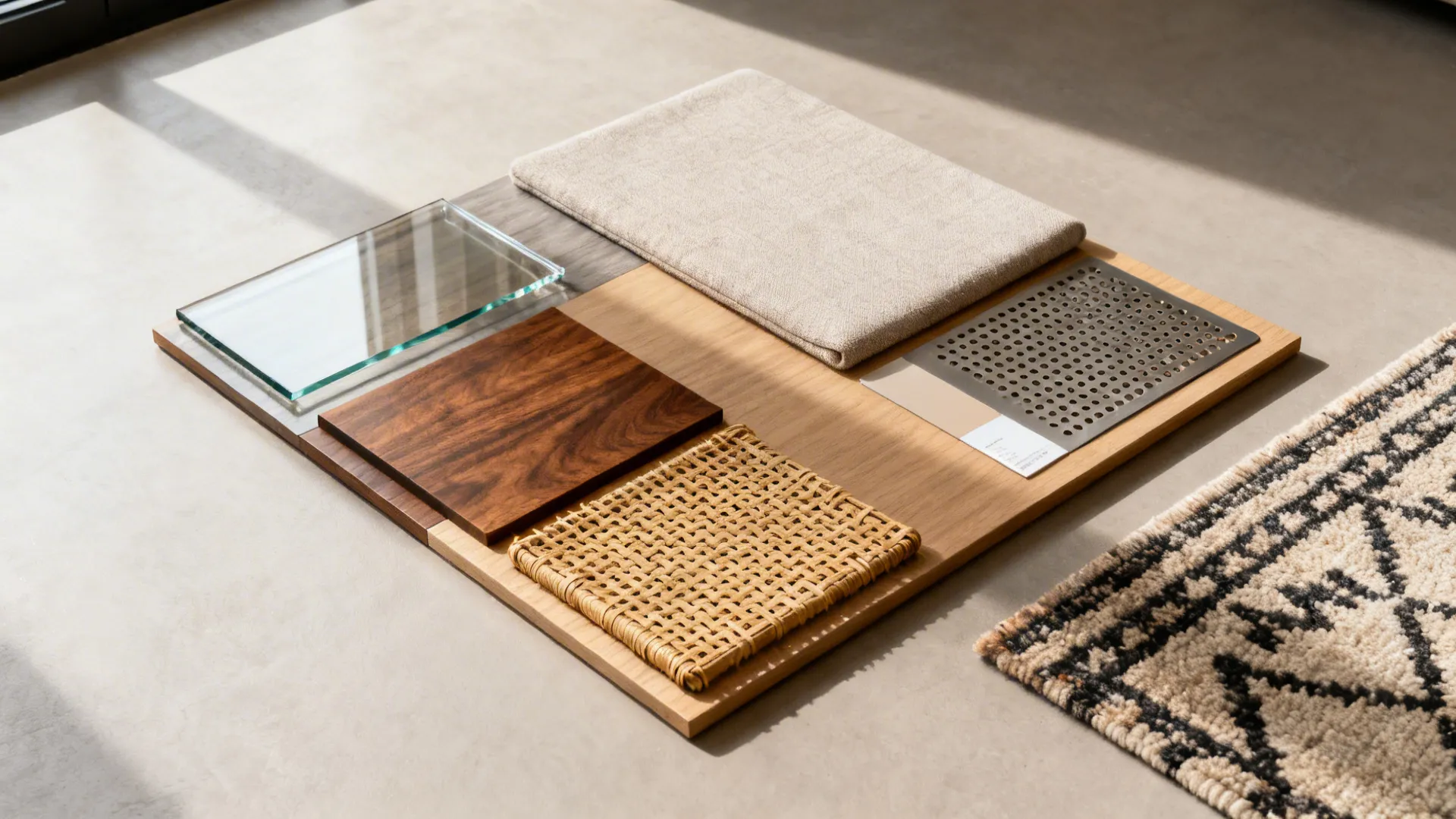 Flat-lay of clear glass, walnut, rattan, perforated metal, and neutral textiles.
