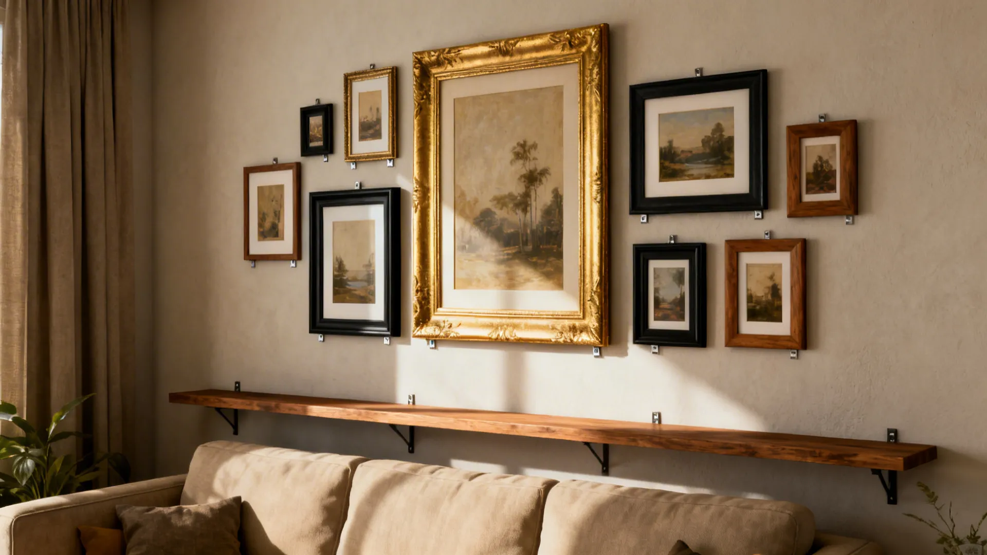 Curated gallery wall mixing gold, black, and wood frames anchored by a larger gold piece over a small living room sofa.