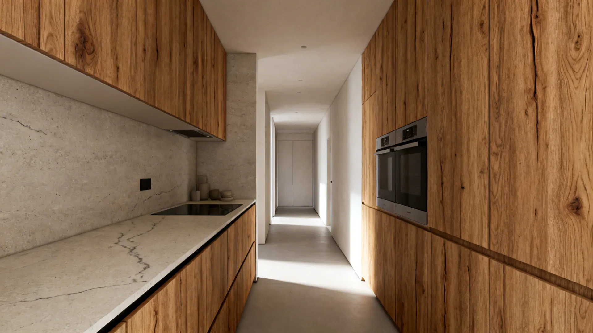 Rift-cut oak fronts with light quartz countertops brighten a compact parallel kitchen corridor.