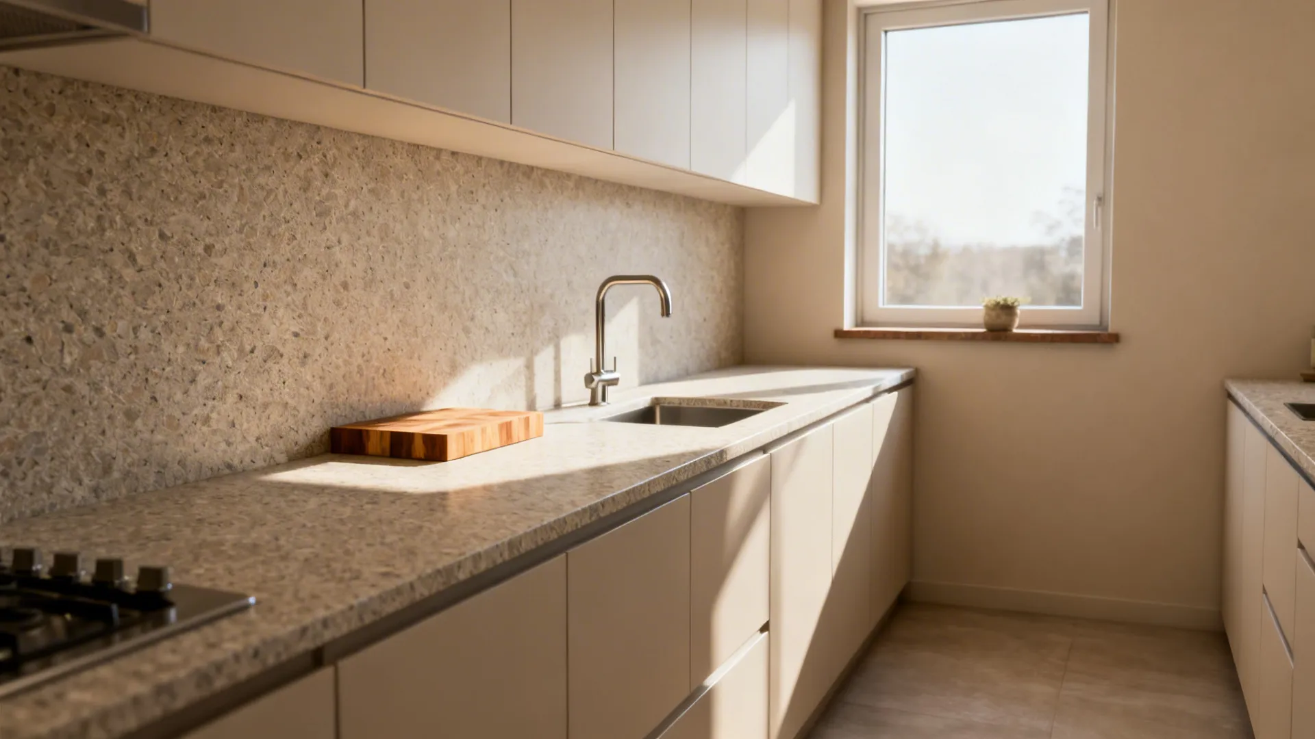 Galley kitchen with quartz-look laminate counters and a small butcher-block prep area.