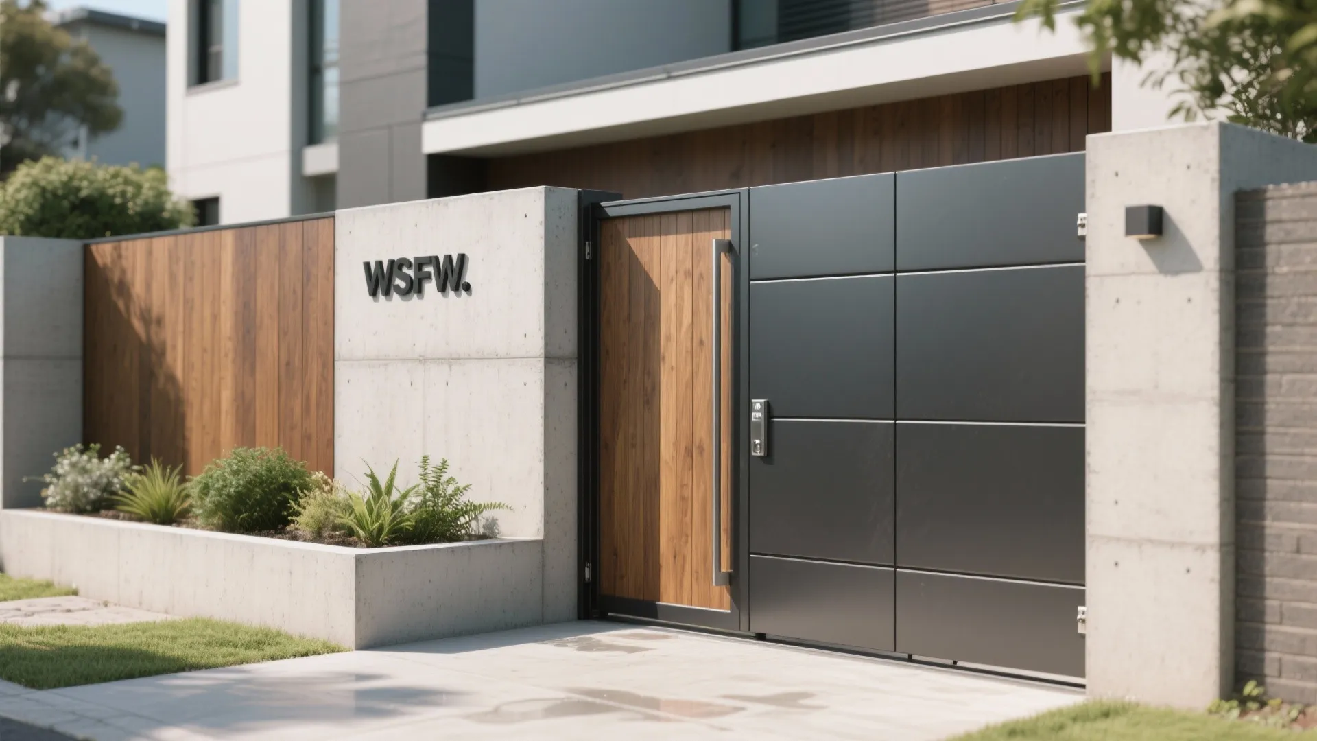 Mixed Materials: Concrete Base, Timber or Metal Infill, and a Simple Rectangular Gate