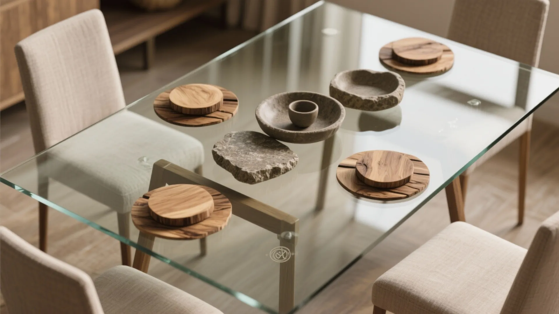 Clear glass top dining table set with wooden plates and stone bowls in neutral room
