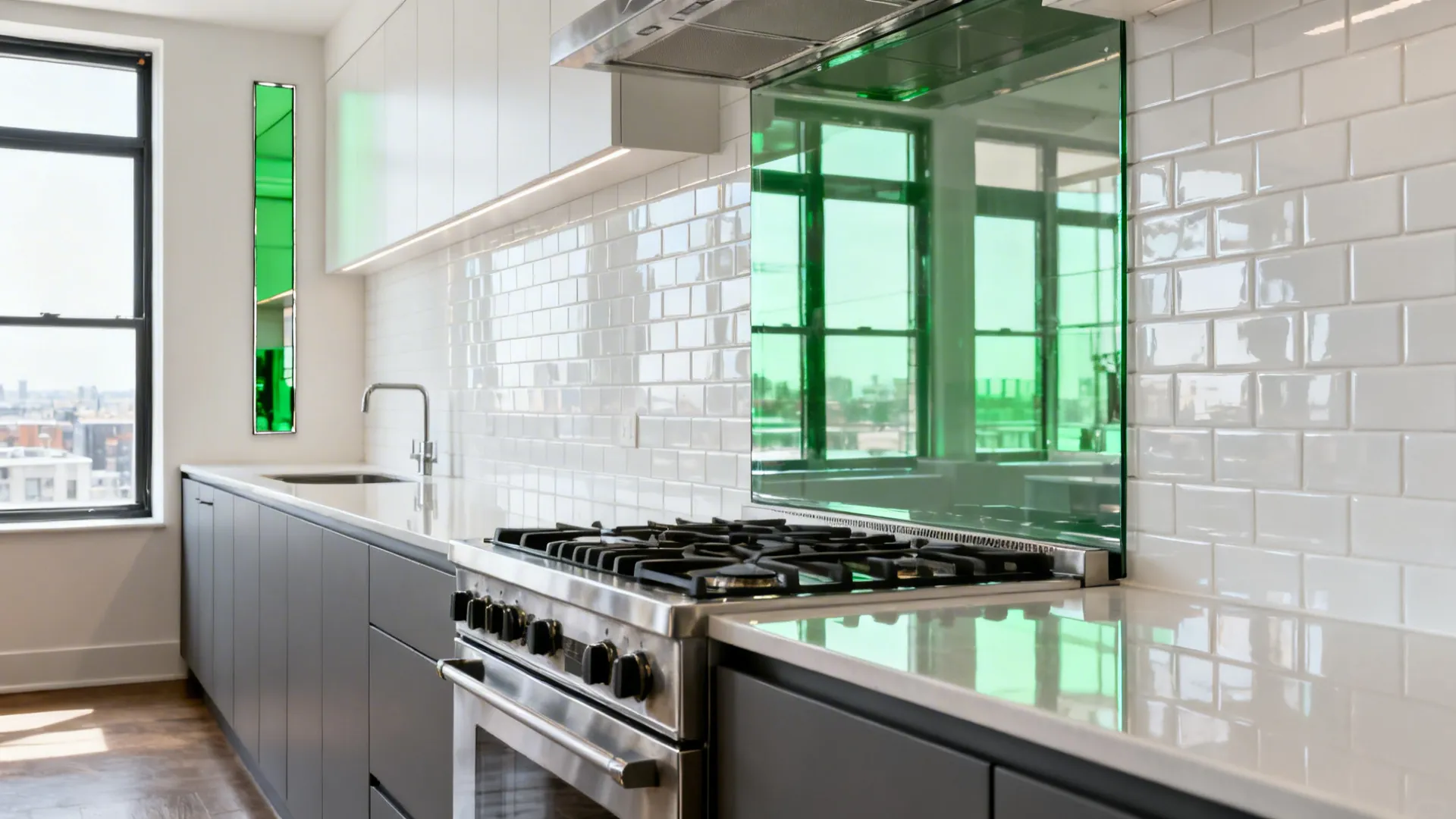 Narrow loft kitchen with glossy tile, low-iron glass behind the cooktop, and a slim mirrored panel.