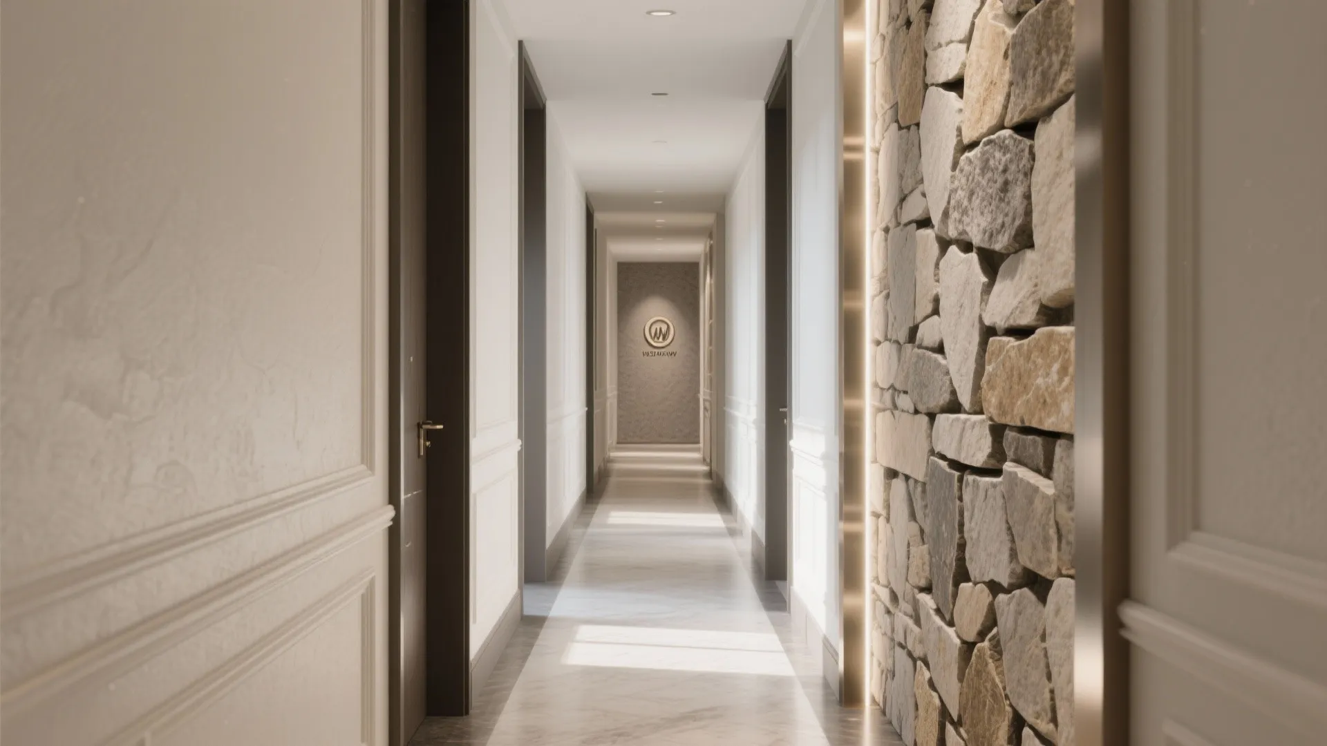 Long modern hallway featuring a natural stone wall and white wall panel designs with ceiling lights