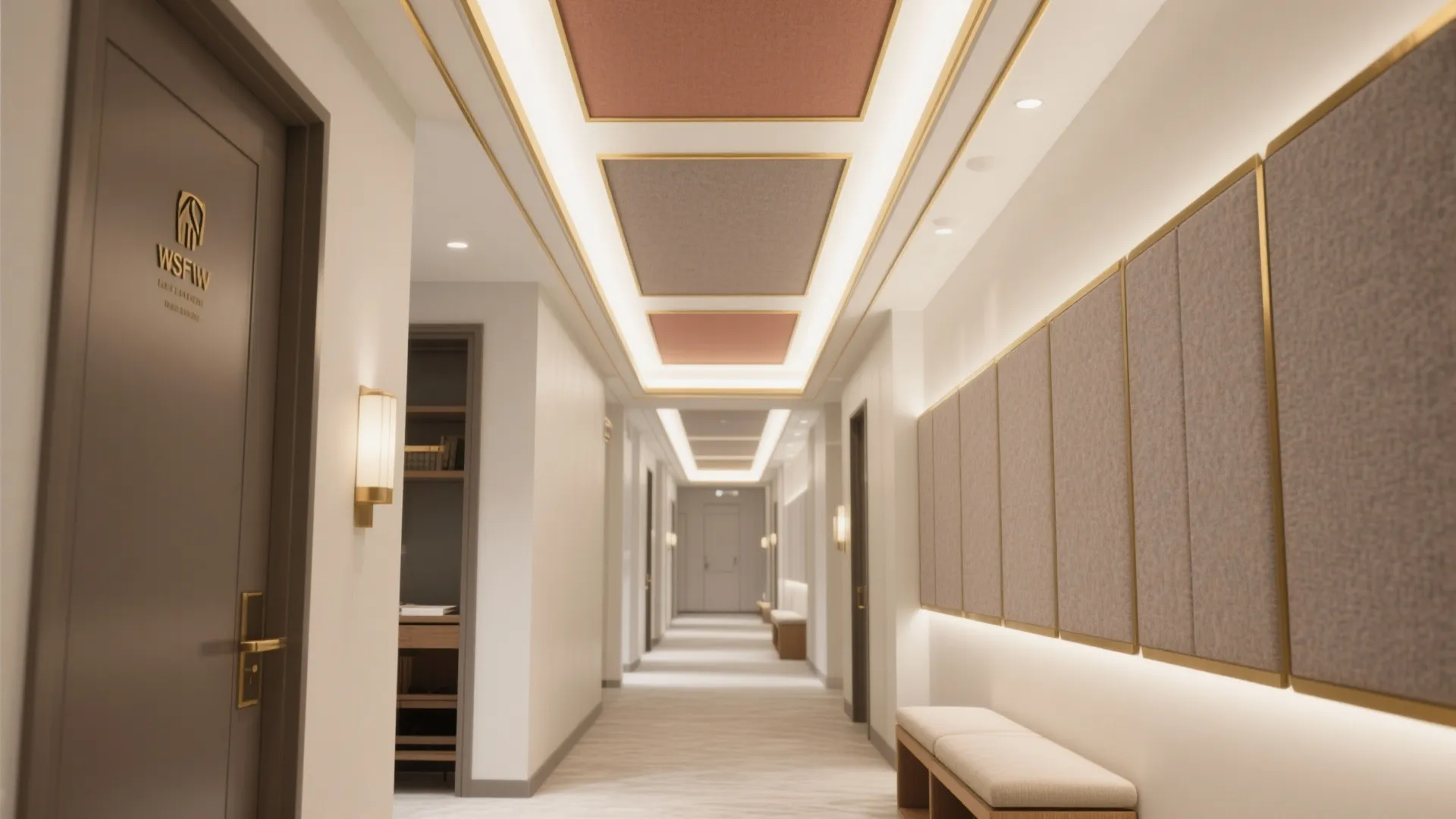 Hall ceiling zoned with brass trims, paint block above bench, and acoustic felt panels.