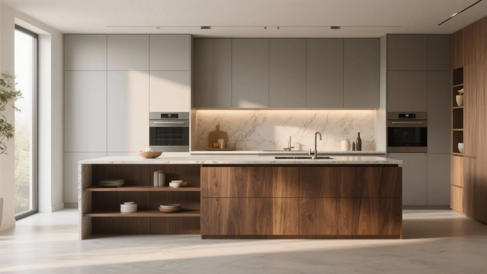 Contemporary kitchen featuring dark wood island with open shelves grey cabinets and marble wall tiles design