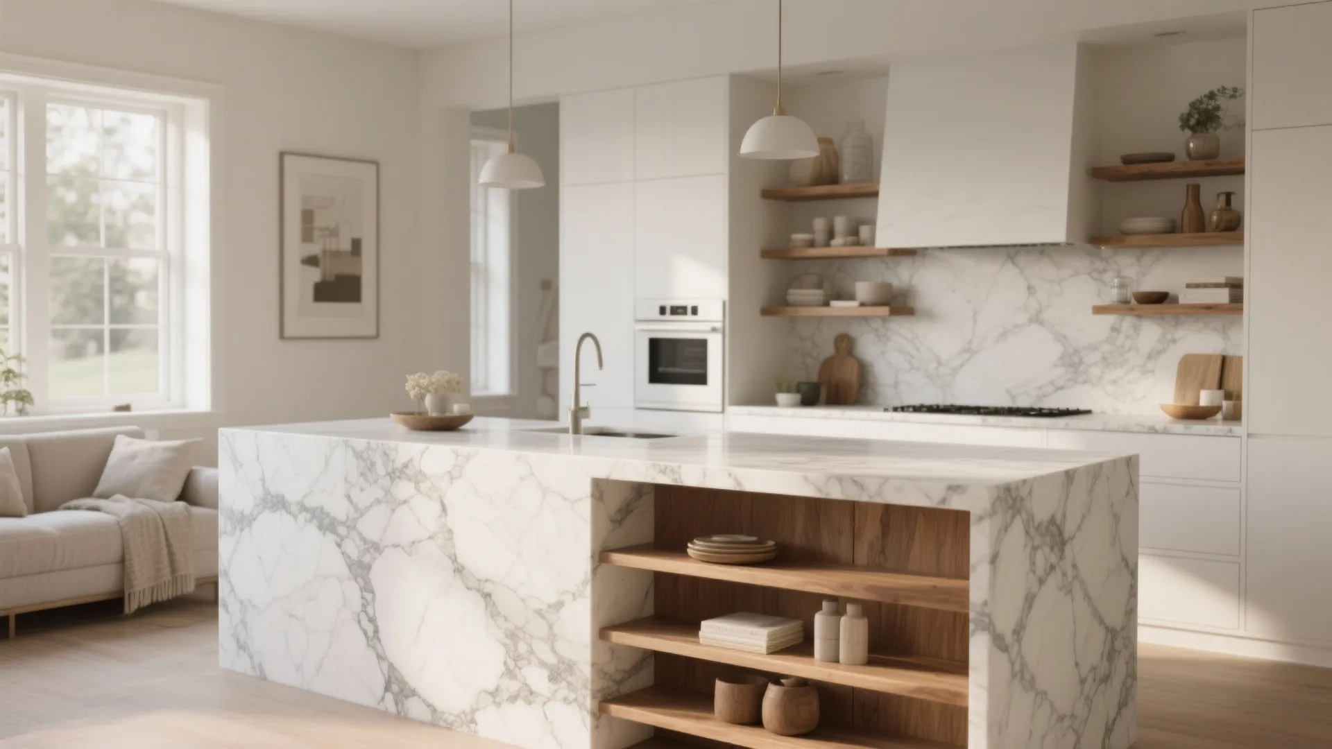 Modern white marble kitchen island with wooden shelves beside bright windows and a soft grey sofa
