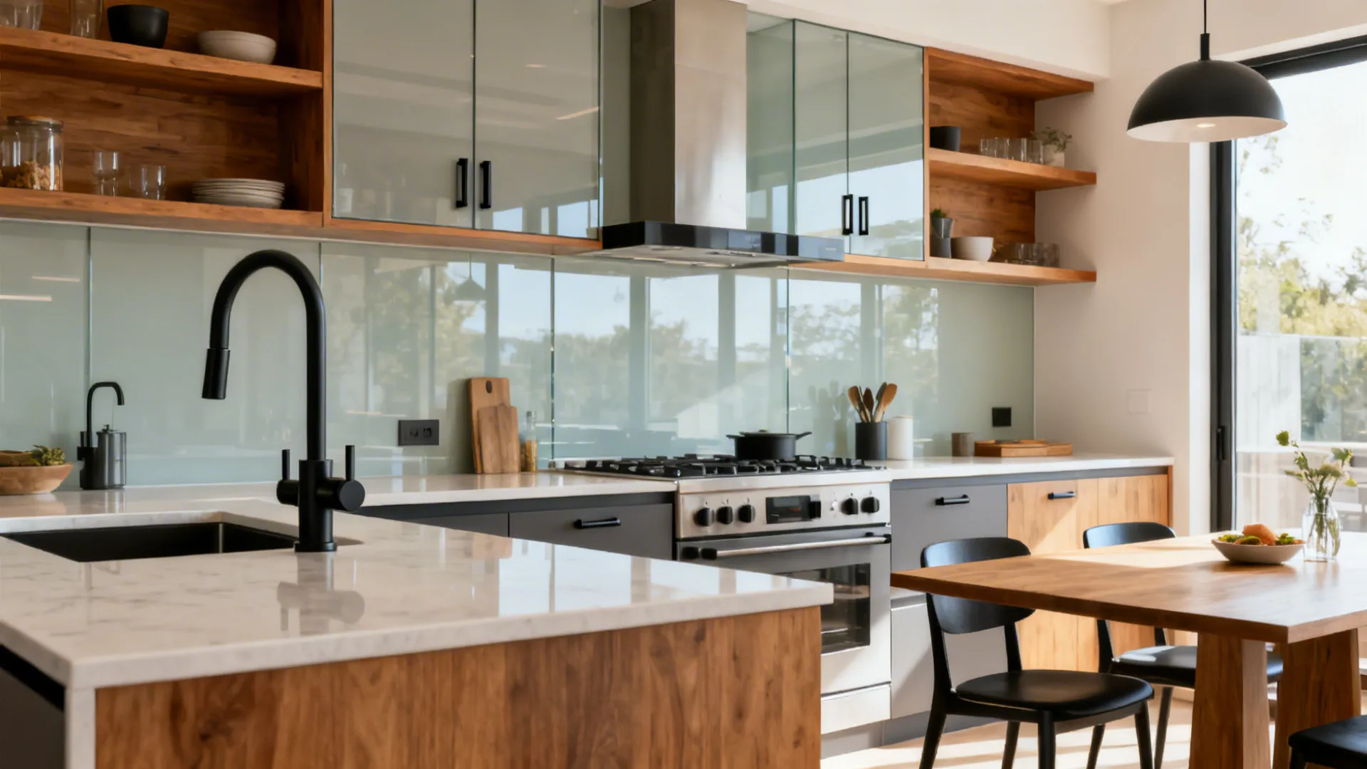 Small kitchen diner with a glass backsplash, warm wood shelves, and matte metal fixtures for a balanced, bright look.