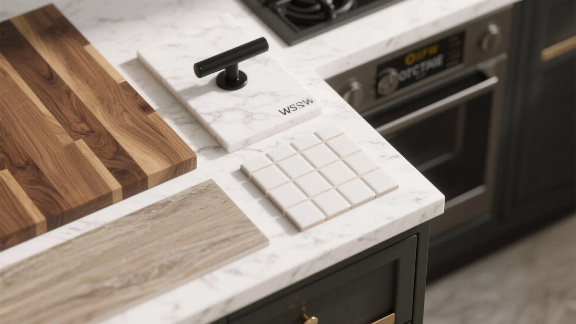 Kitchen countertop with marble surface showing wooden board white tiles black handle and modern oven