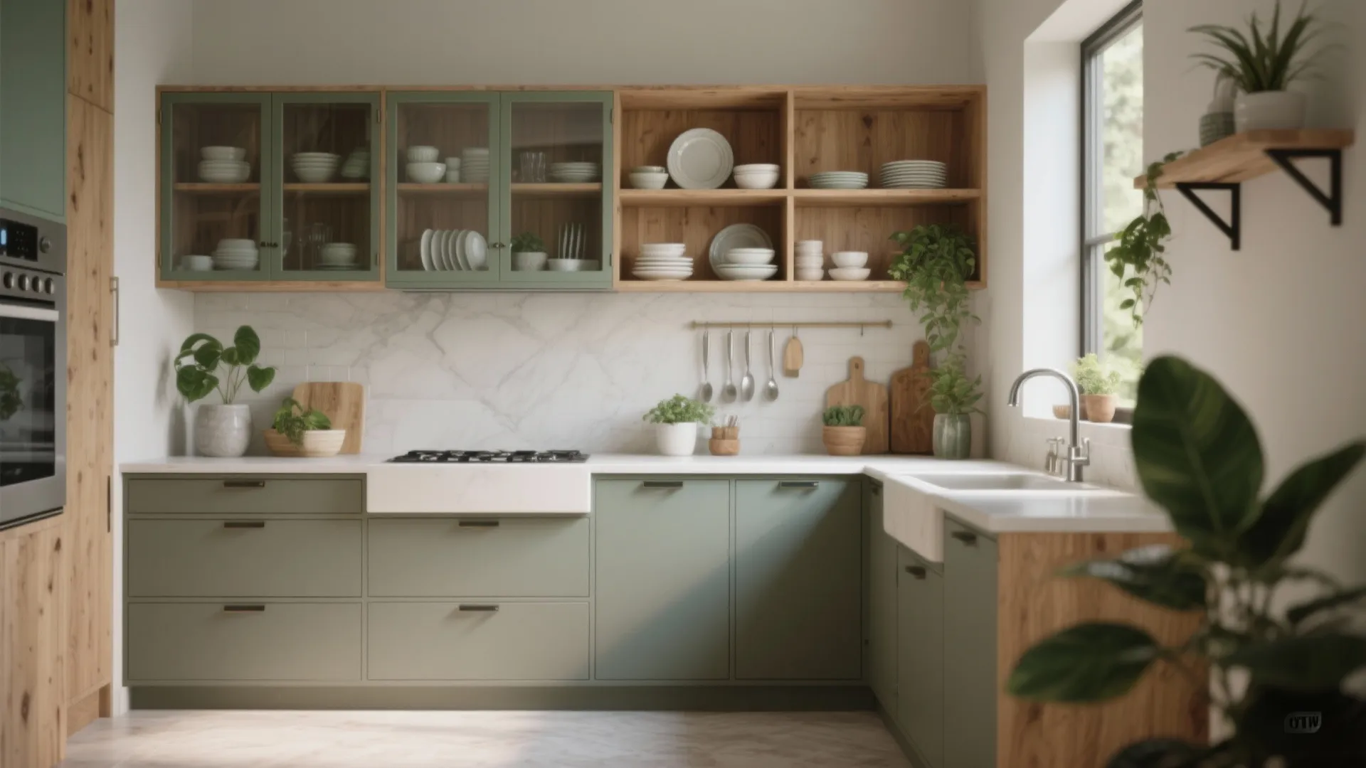 5. Mixed materials: open shelving, glass-front uppers and integrated drawers