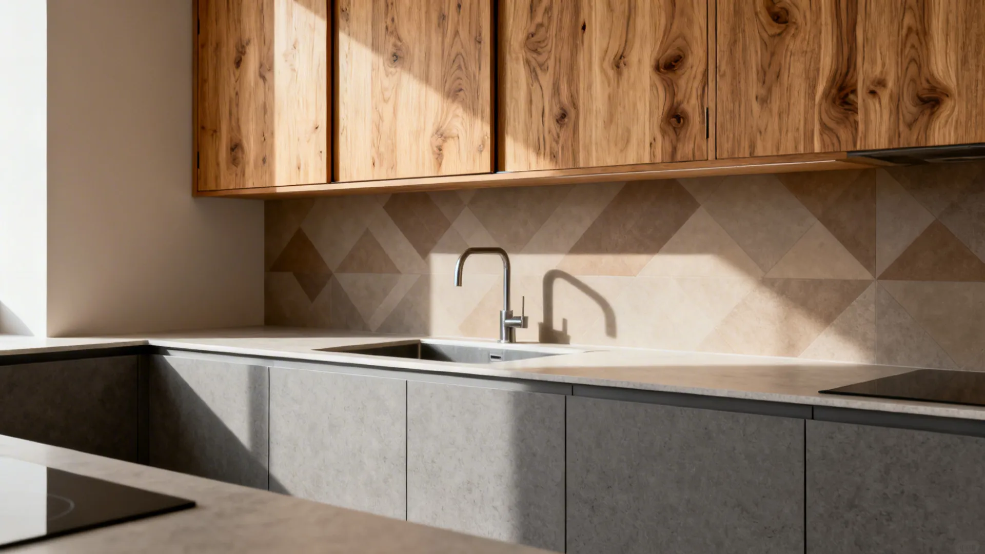 Small kitchen with oak veneer sliding uppers and matte gray laminate lowers.