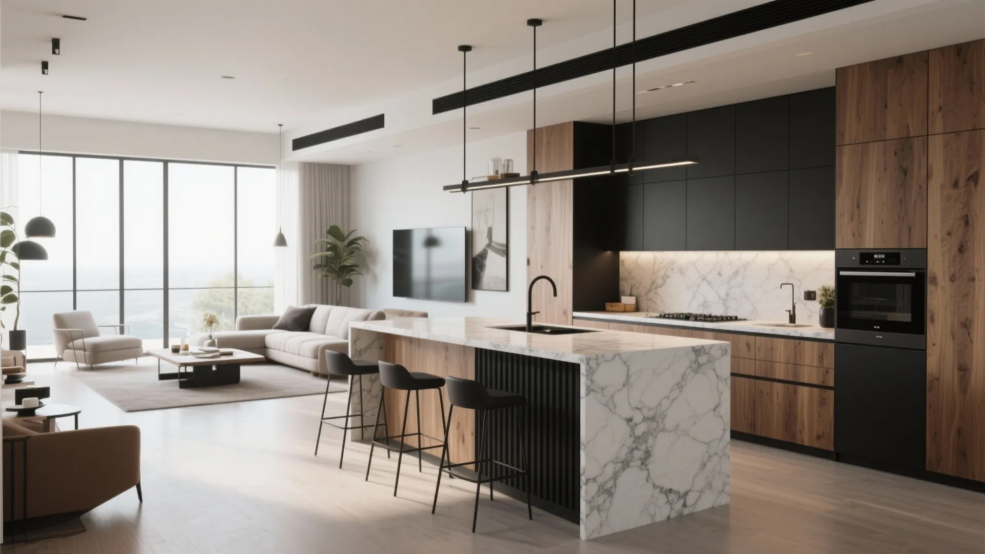 Contemporary kitchen design with marble island black stools wood cabinets and a bright living room