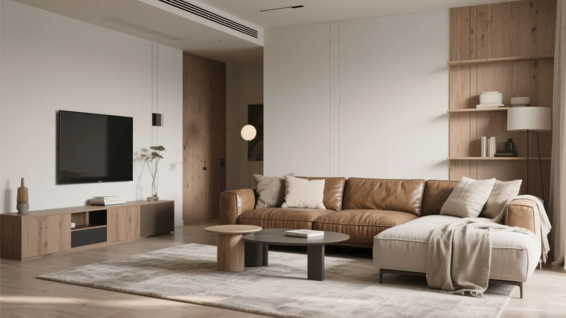 Modern living room with brown leather sofa white walls wood cabinet wall shelves and television